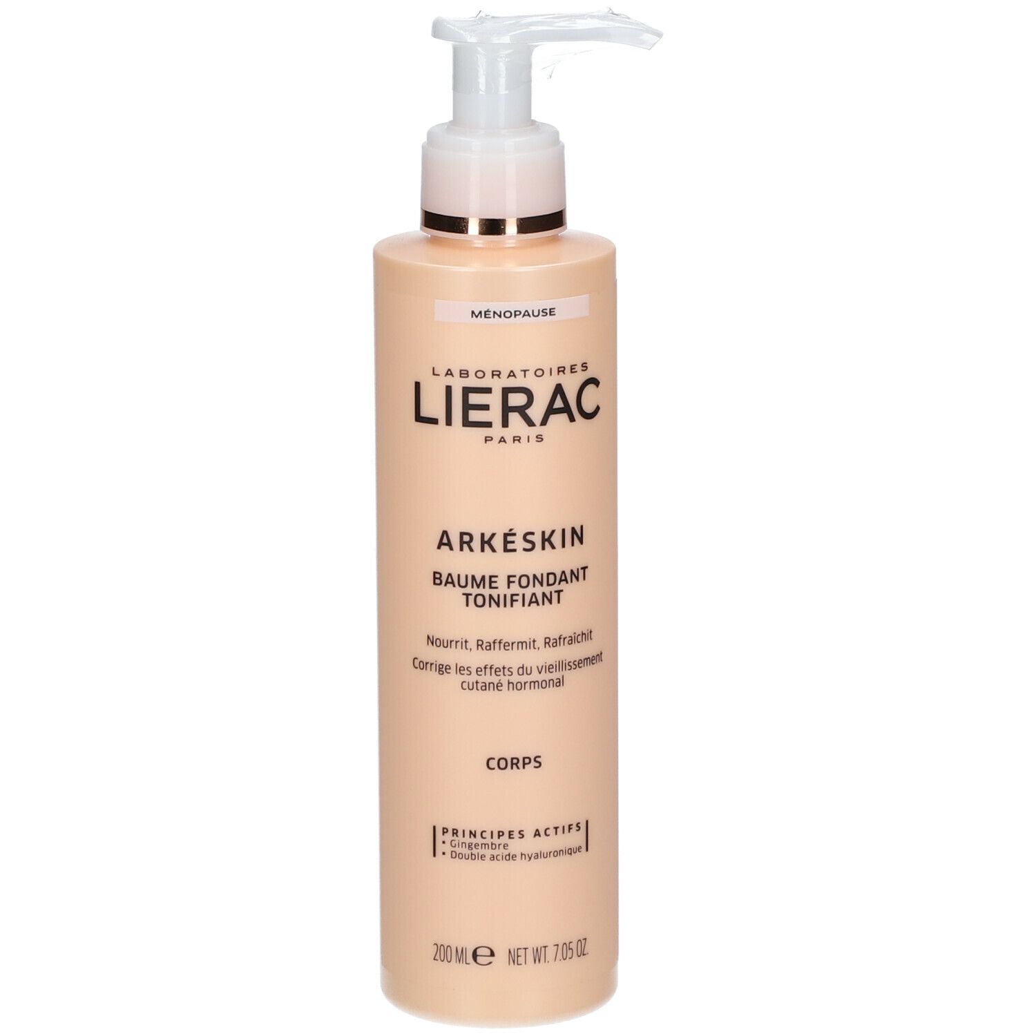 Flacone beige con dosatore. Scritta: LIERAC, Arkéskin, Baume Fondant Tonifiant. Per il corpo.