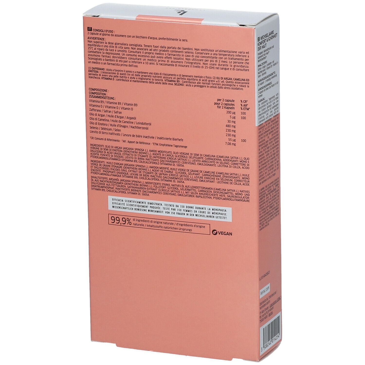 Retro della confezione LIERAC Arkéskin. Testo e ingredienti. Logo vegano. Scatola rosa e bianca.