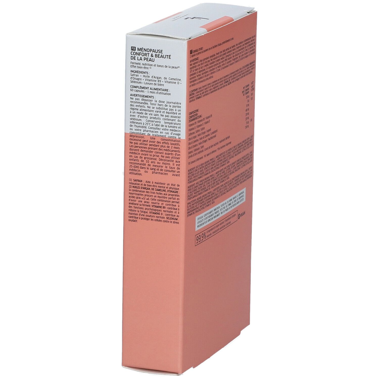 Vista laterale della confezione LIERAC Arkéskin. Testo in francese. Scatola rosa e bianca con informazioni sul prodotto.