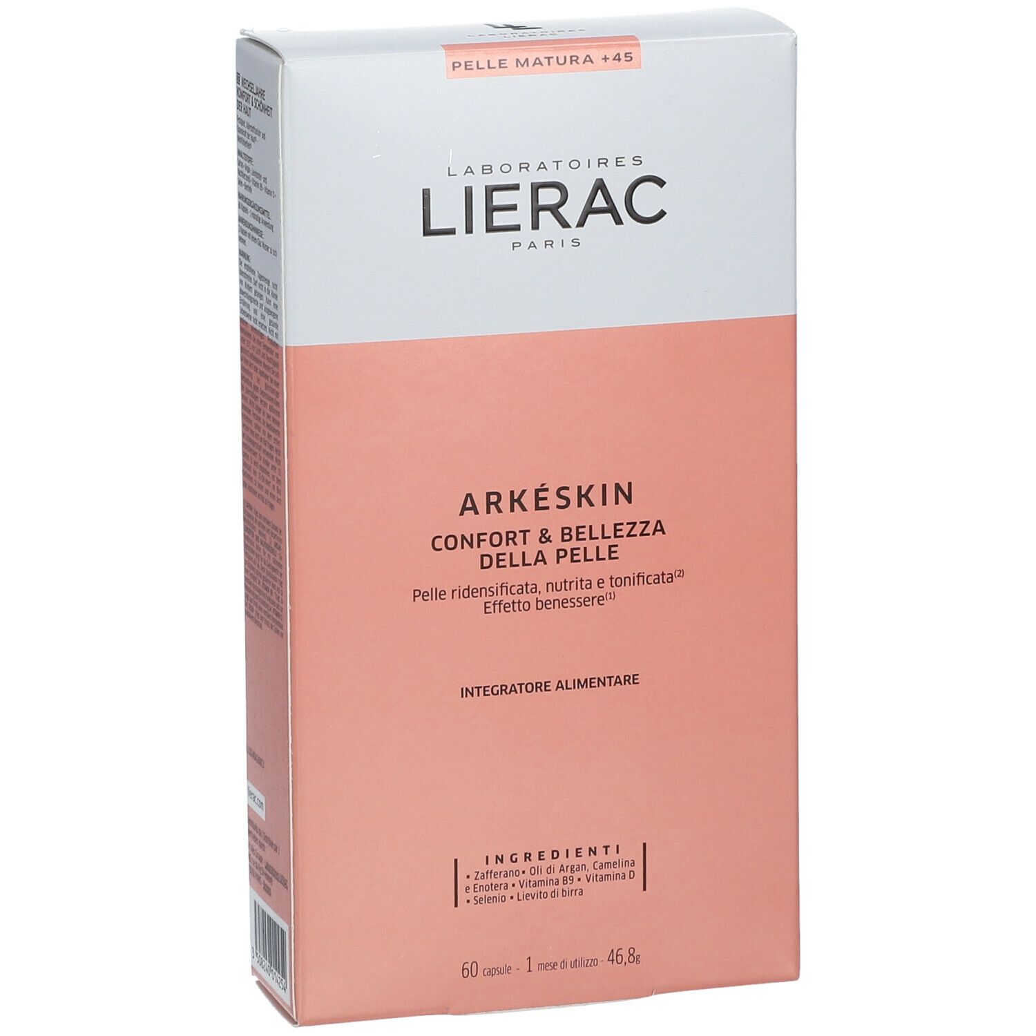 Vista frontale della confezione LIERAC Arkéskin. Scatola bianca e rosa con nome e ingredienti. "Pelle matura +45" in alto.