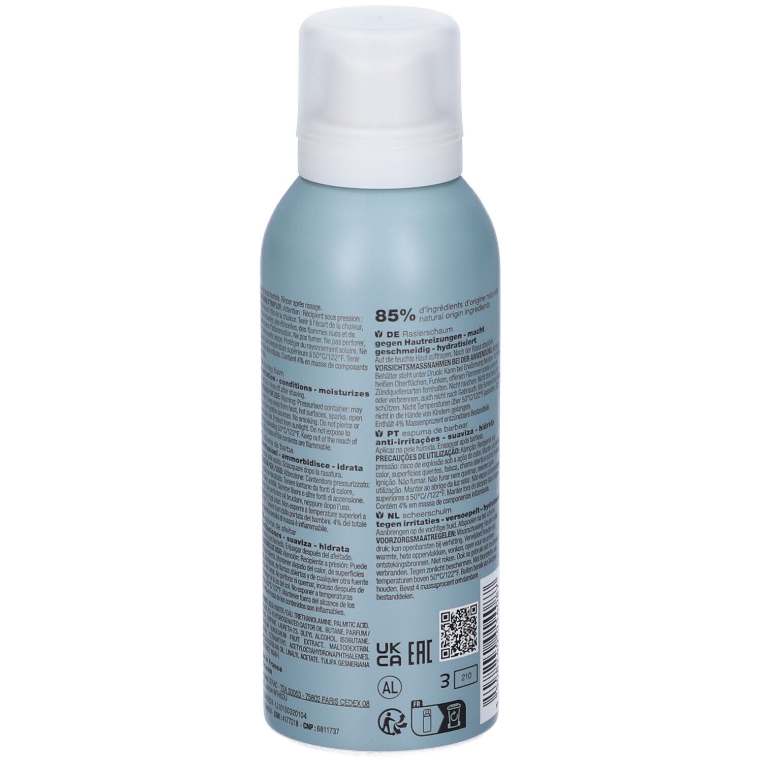 Retro del flacone spray azzurro. Testo multilingue. 85% a sinistra. LIERAC HOMME Mousse de rasage.
