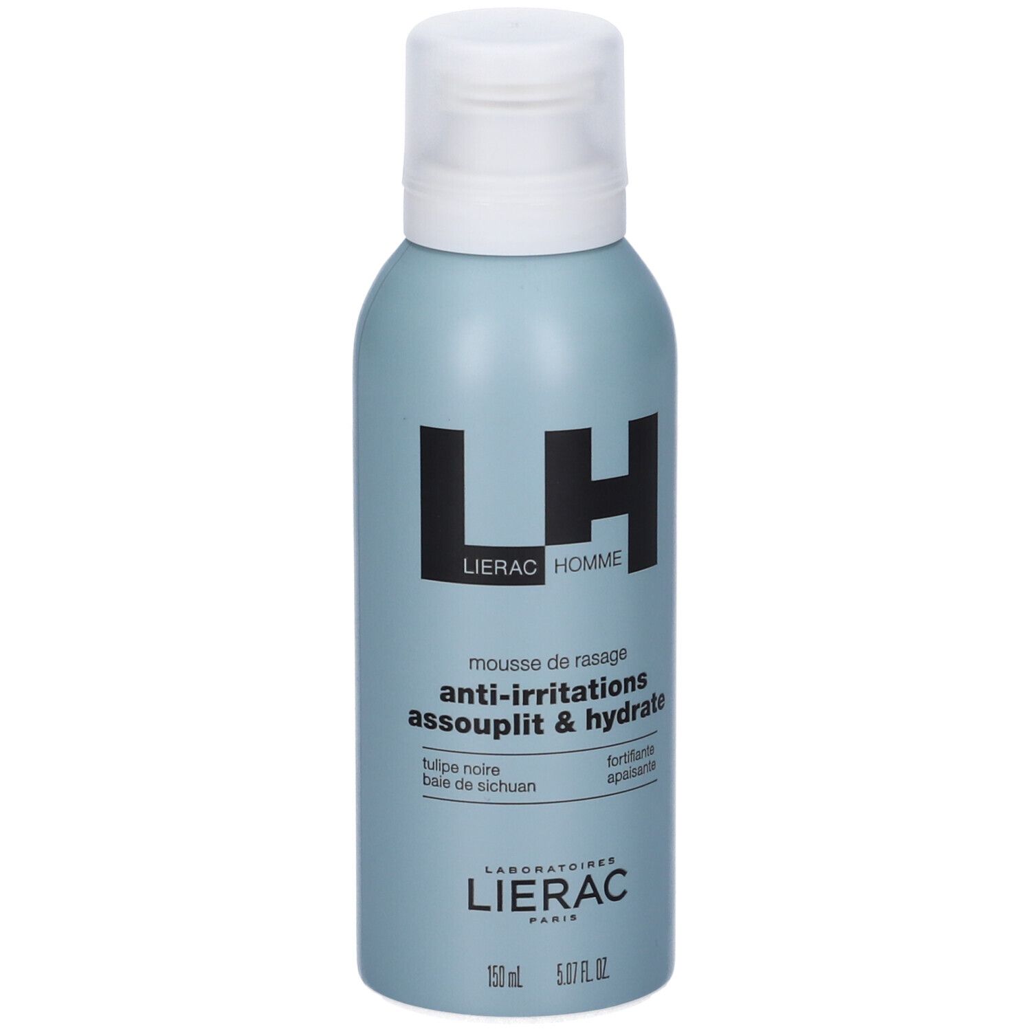 Flacone spray azzurro con tappo bianco. Logo nero LH, sotto LIERAC HOMME. Testo: Mousse de rasage, anti-irritations, assouplit & hydrate.