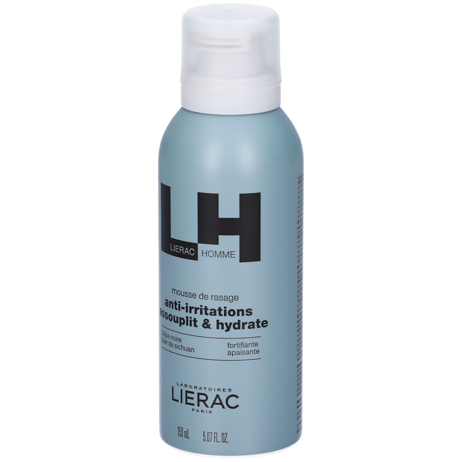 Flacone spray azzurro con tappo bianco. Logo nero LH, sotto LIERAC HOMME. Testo: Mousse de rasage, anti-irritations, assouplit & hydrate.