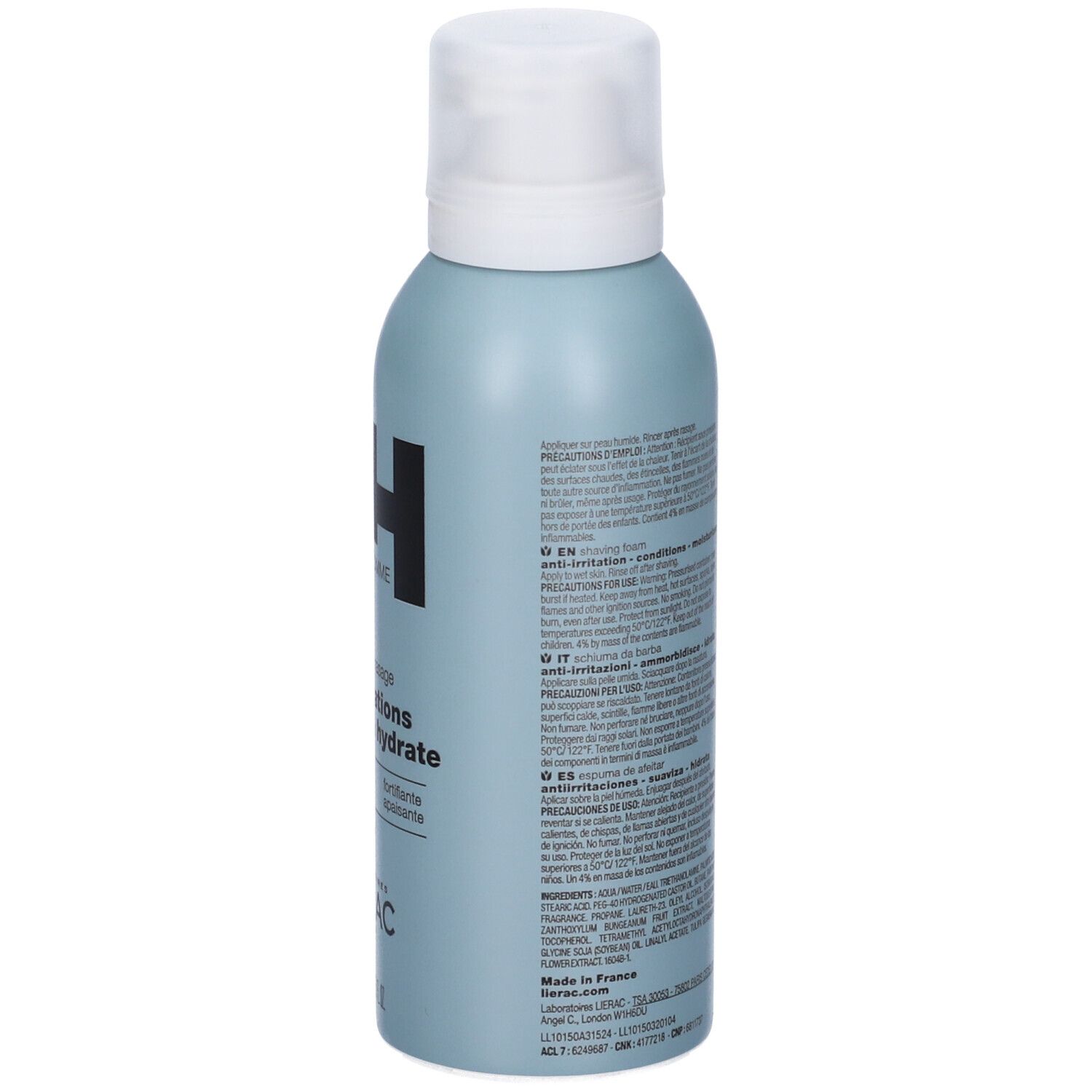 Retro del flacone spray azzurro. Testo multilingue. LIERAC HOMME Mousse de rasage. Ingredienti e avvertenze.