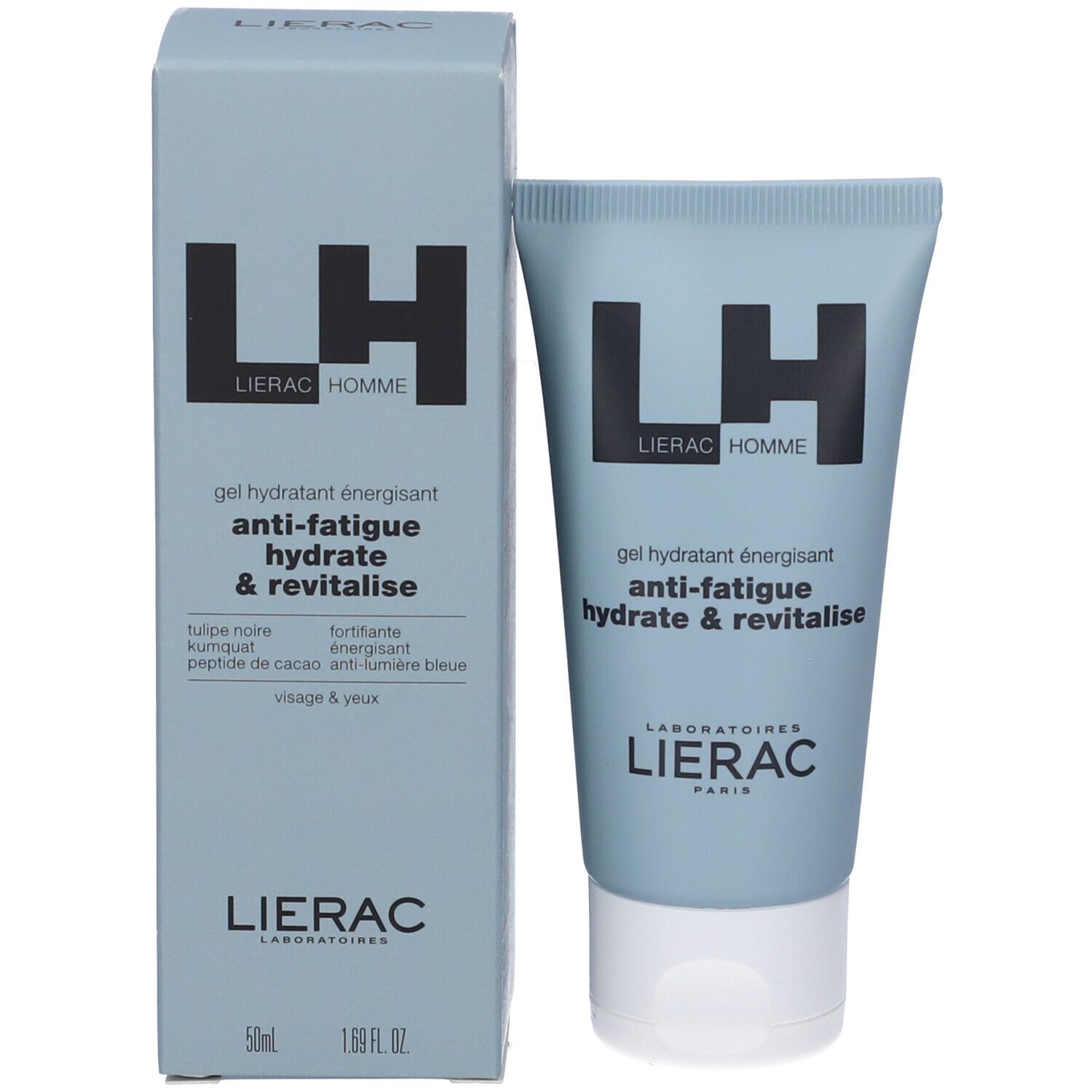 Confezione prodotto con tubo e scatola. Blu chiaro con logo LH nero e LIERAC HOMME. Testo: Gel idratante energizzante anti-fatica hydrate & revitalise.