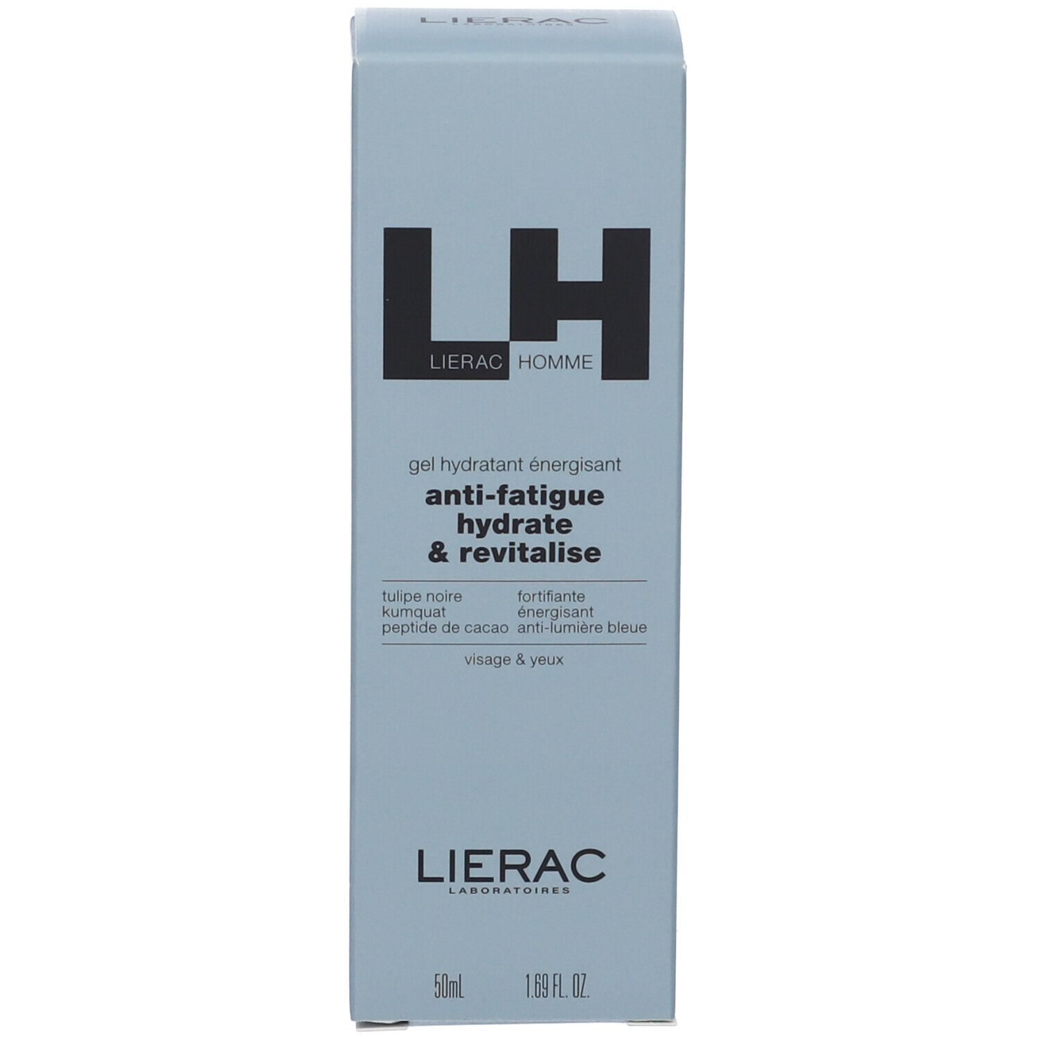 Scatola blu chiaro con logo LH nero e LIERAC HOMME. Testo: Gel idratante energizzante anti-fatica hydrate & revitalise. 50ml, 1.69 fl. oz.