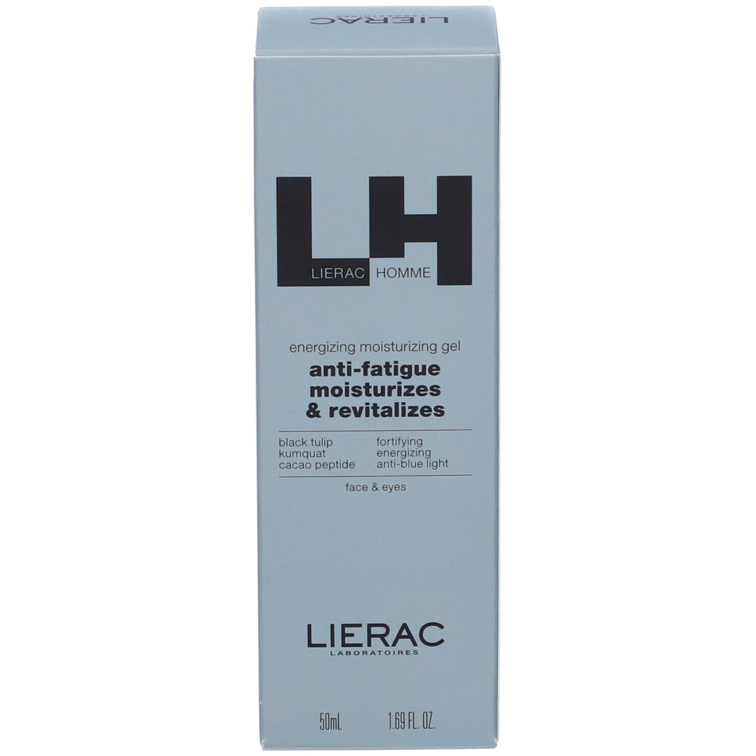 Scatola blu chiaro con logo LH nero e LIERAC HOMME. Testo: energizing moisturizing gel anti-fatigue moisturizes & revitalizes. 50ml, 1.69 fl. oz.