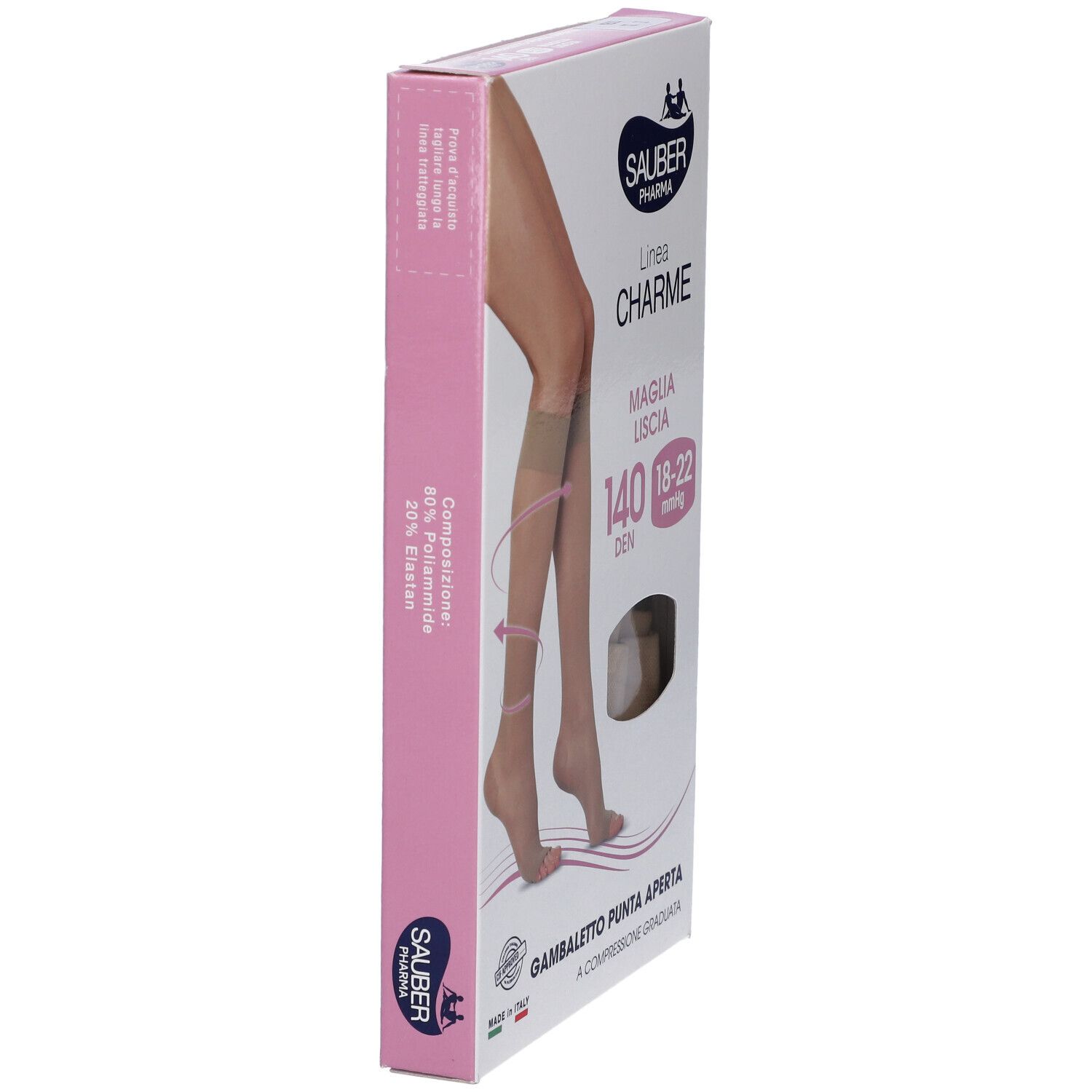Vista laterale della confezione di calze SAUBER Pharma. Scritte: Linea Charme, Maglia LISCA, 140 DEN, 18-22 mmHg. Accenti rosa.