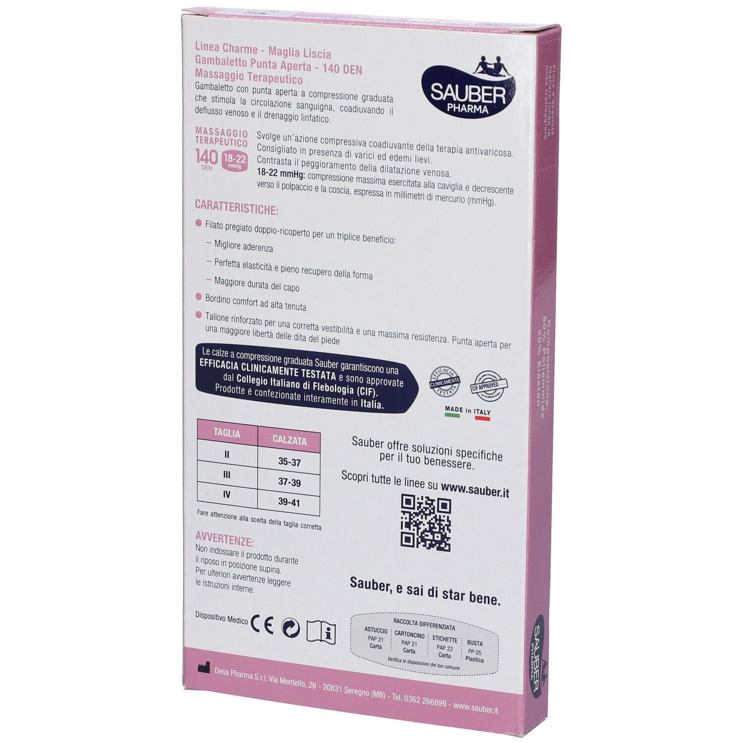 Retro della confezione di calze SAUBER Pharma. Testo in italiano. Informazioni sulle calze e tabella taglie.