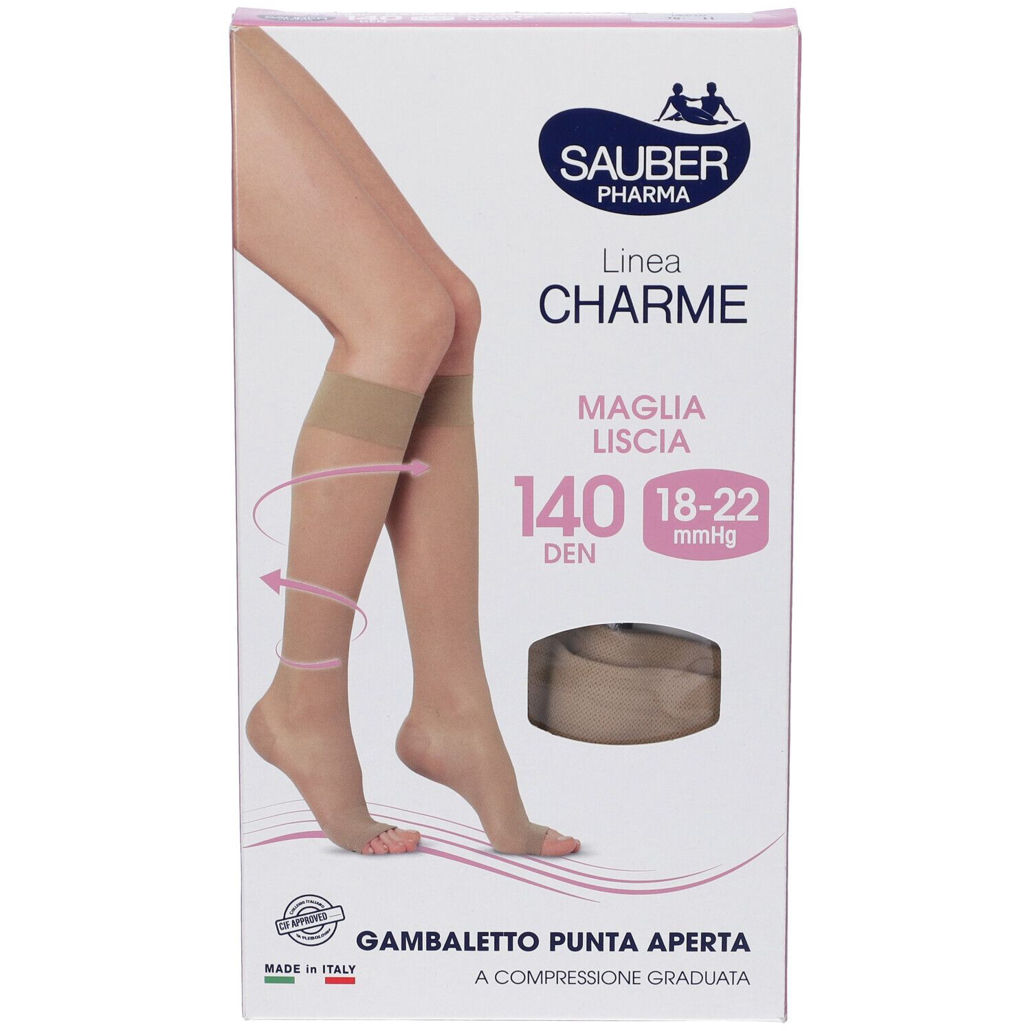 Confezione di calze SAUBER Pharma. Scritte: Linea Charme, Maglia LISCA, 140 DEN, 18-22 mmHg. Immagine di gambe con calze.