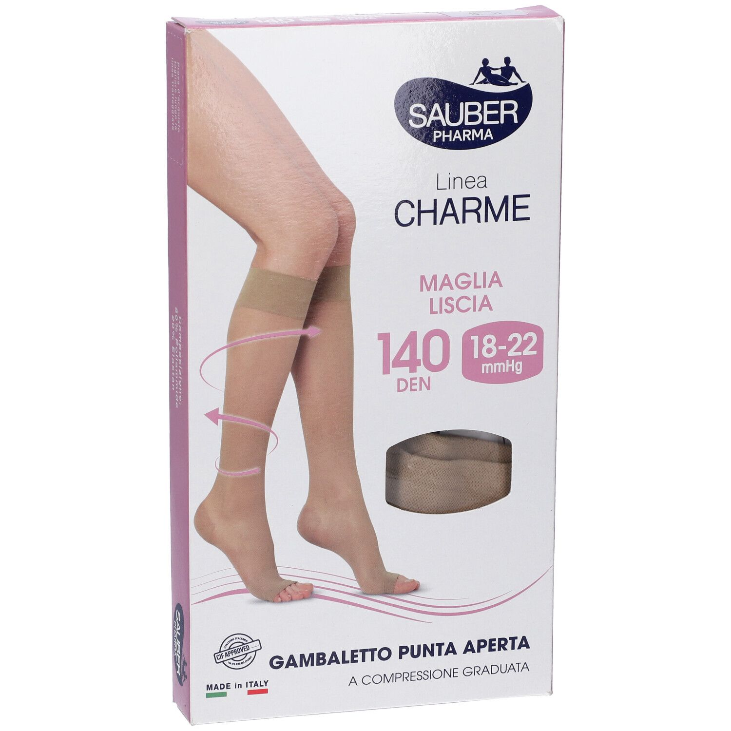 Confezione di calze SAUBER Pharma. Scritte: Linea Charme, Maglia LISCA, 140 DEN, 18-22 mmHg. Immagine di gambe con calze.