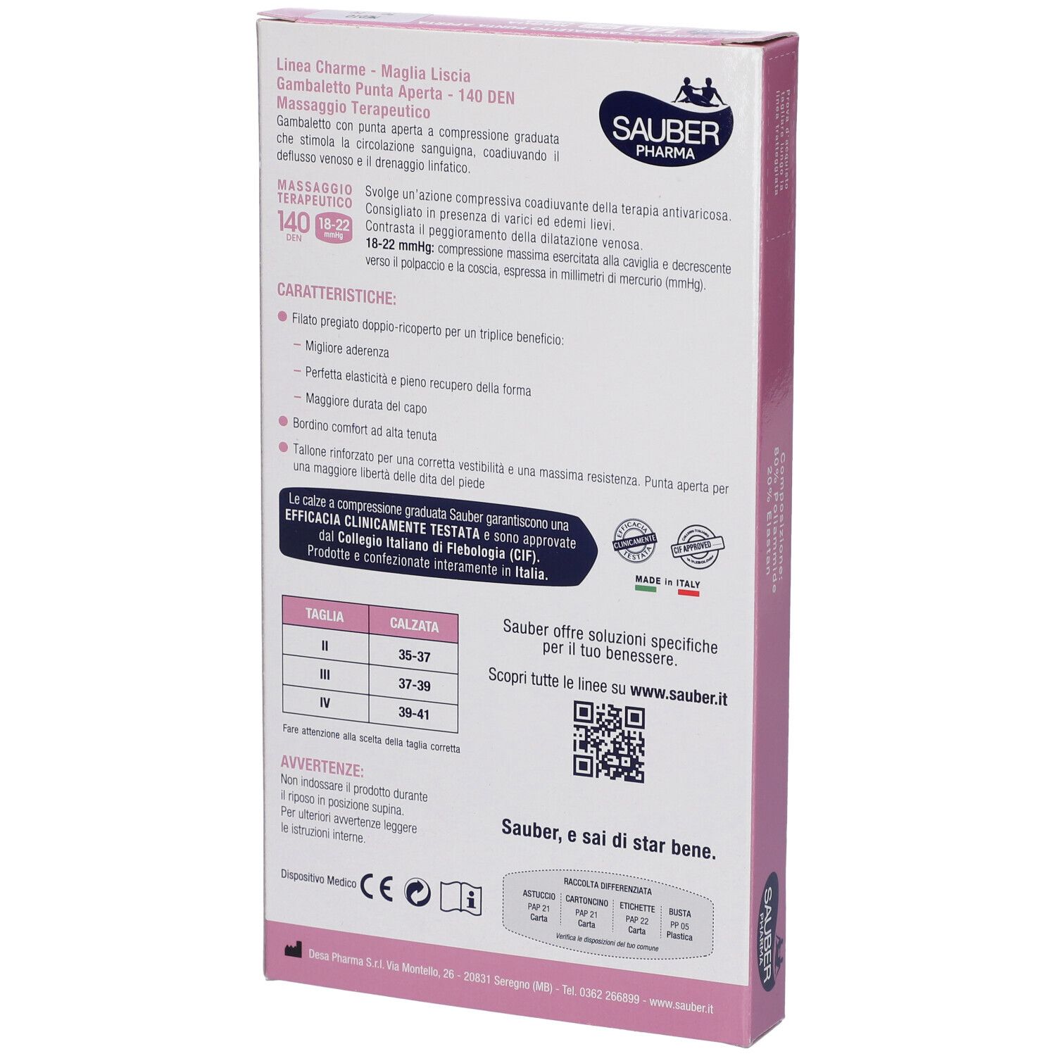 Retro della confezione di calze SAUBER Pharma. Informazioni testuali, tabella taglie, logo e codice QR. Rosa e bianco.