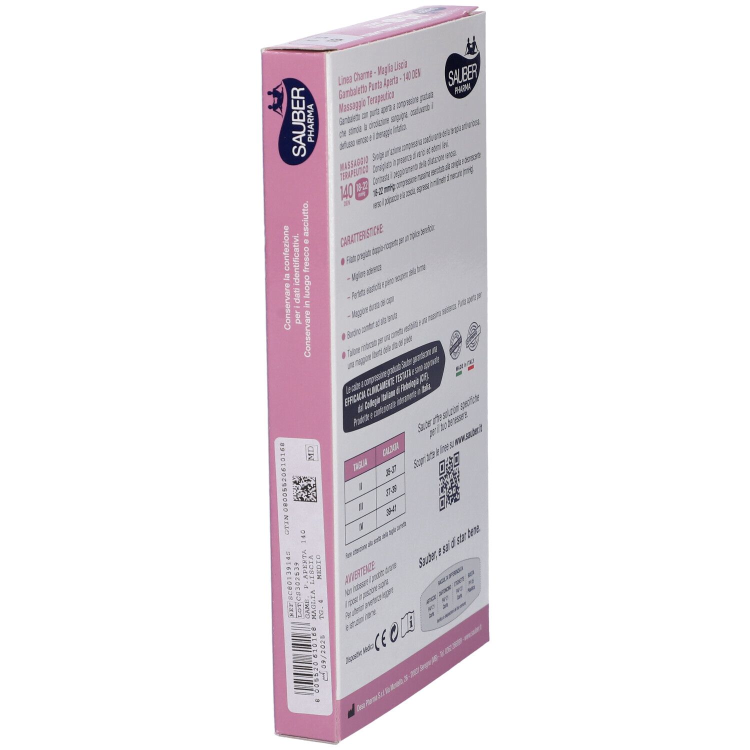 Vista laterale della confezione di calze SAUBER Pharma. Informazioni testuali, logo e codice QR. Rosa e bianco.