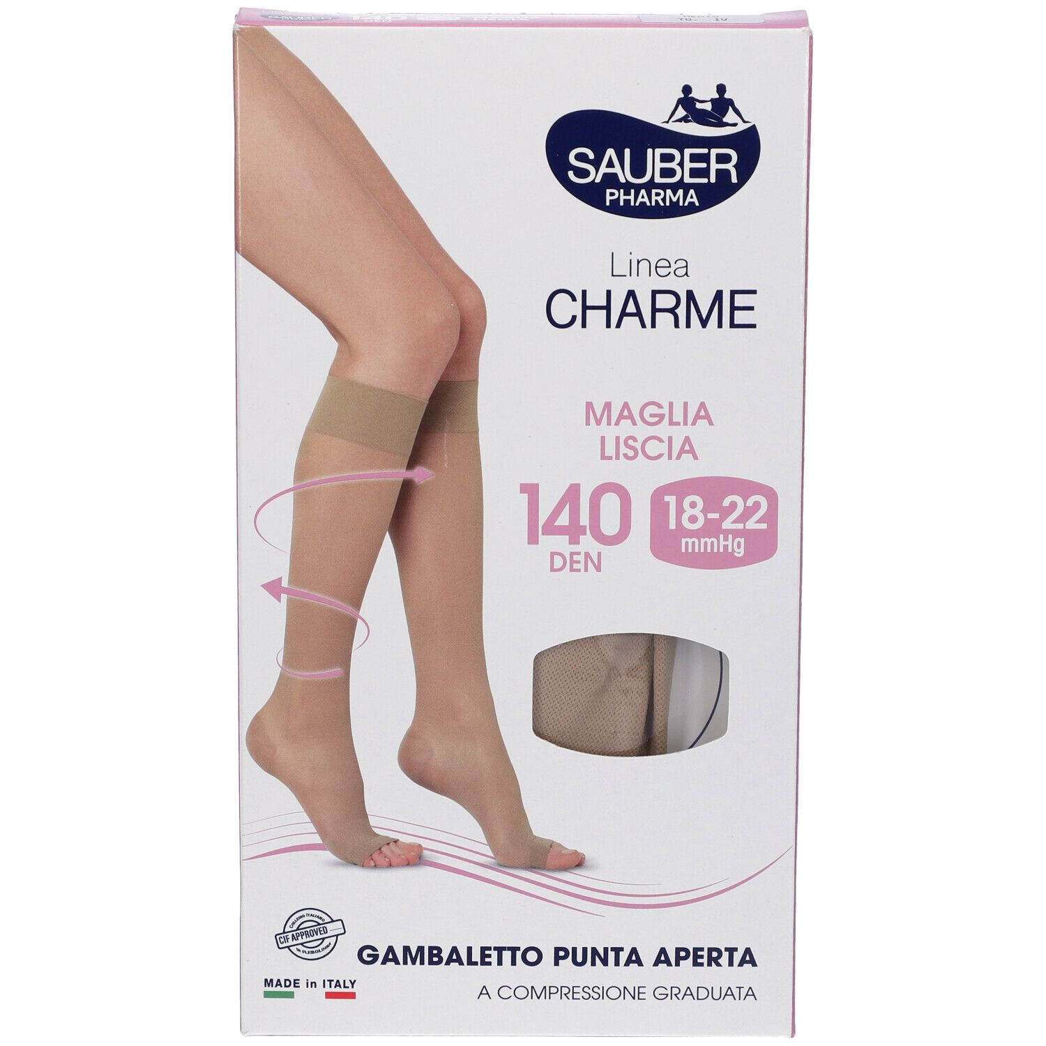 Confezione di calze SAUBER Pharma. Scatola rosa e bianca con immagine del prodotto e informazioni. Punta aperta, 140 DEN.
