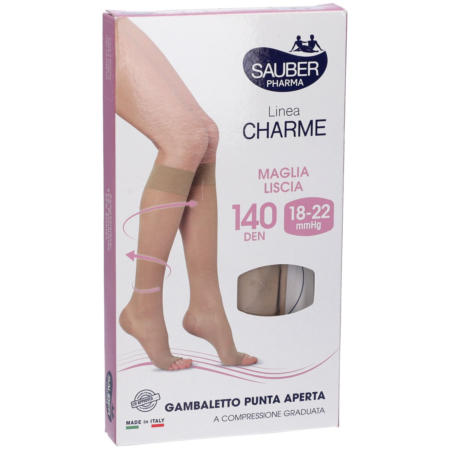 Confezione di calze SAUBER Pharma. Scatola rosa e bianca con immagine del prodotto e informazioni. Punta aperta, 140 DEN.