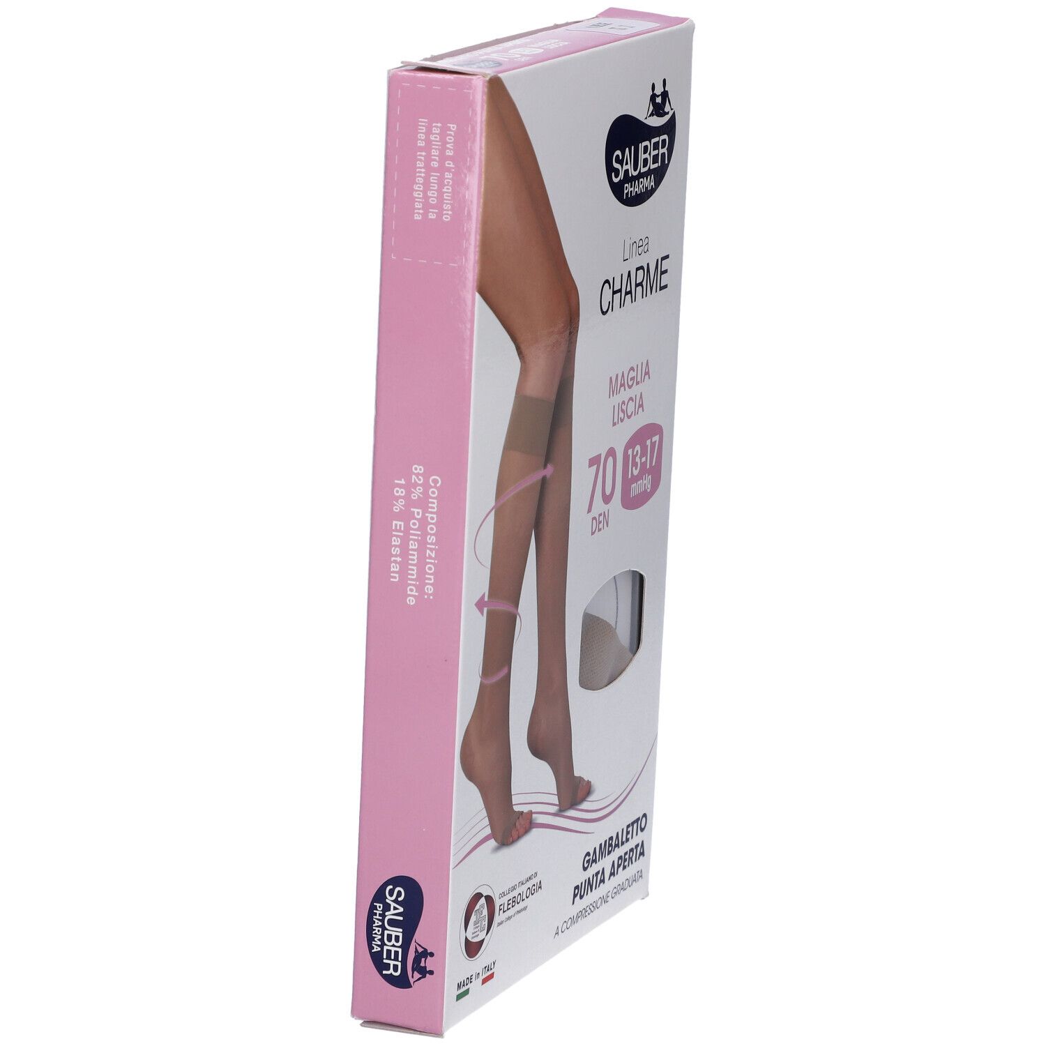Vista laterale della confezione di calze SAUBER Pharma. Scritto: Linea Charme, 70 DEN, 13-17 mmHg. Accenti rosa.