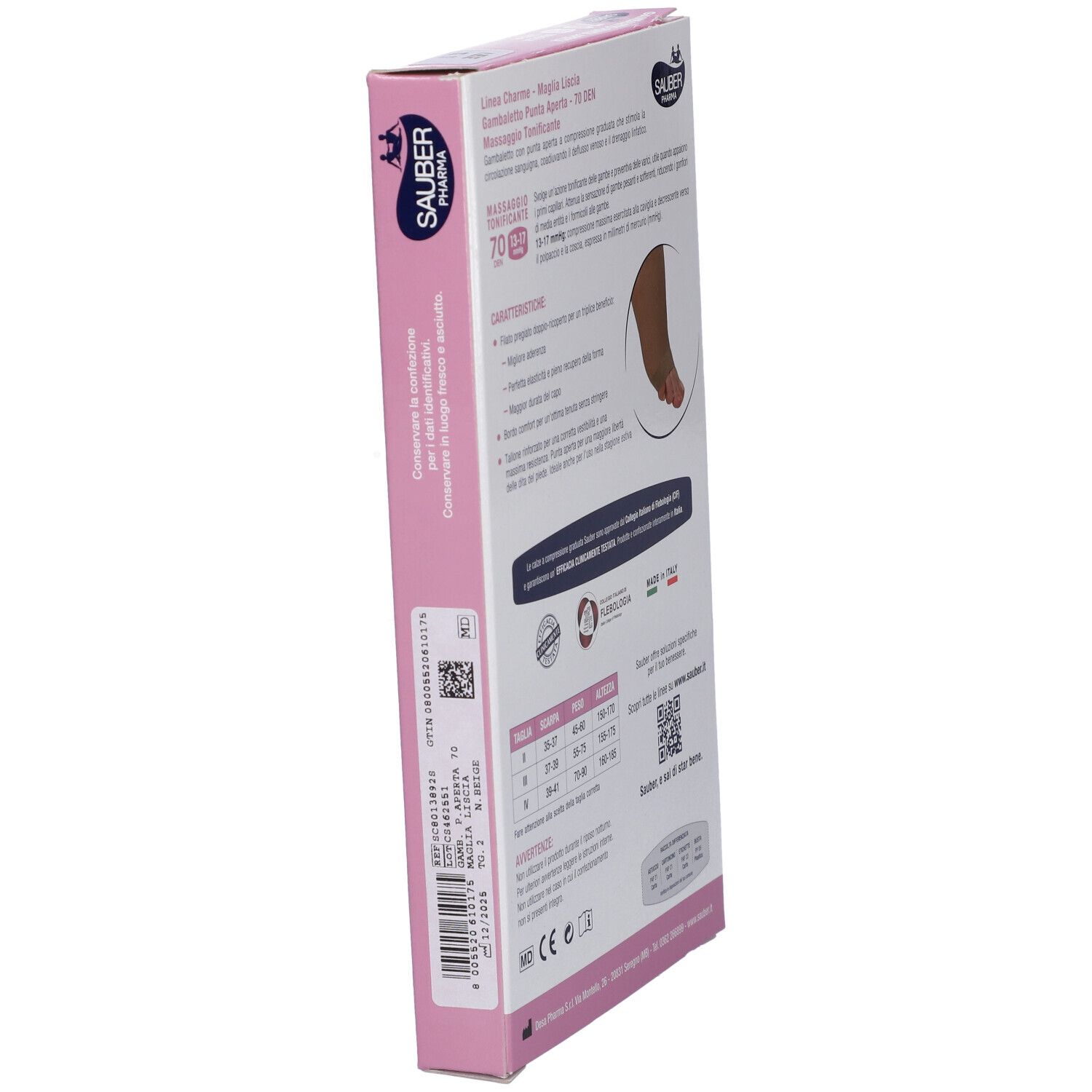 Vista laterale della confezione di calze SAUBER Pharma. Testo e codice QR. Accenti rosa.