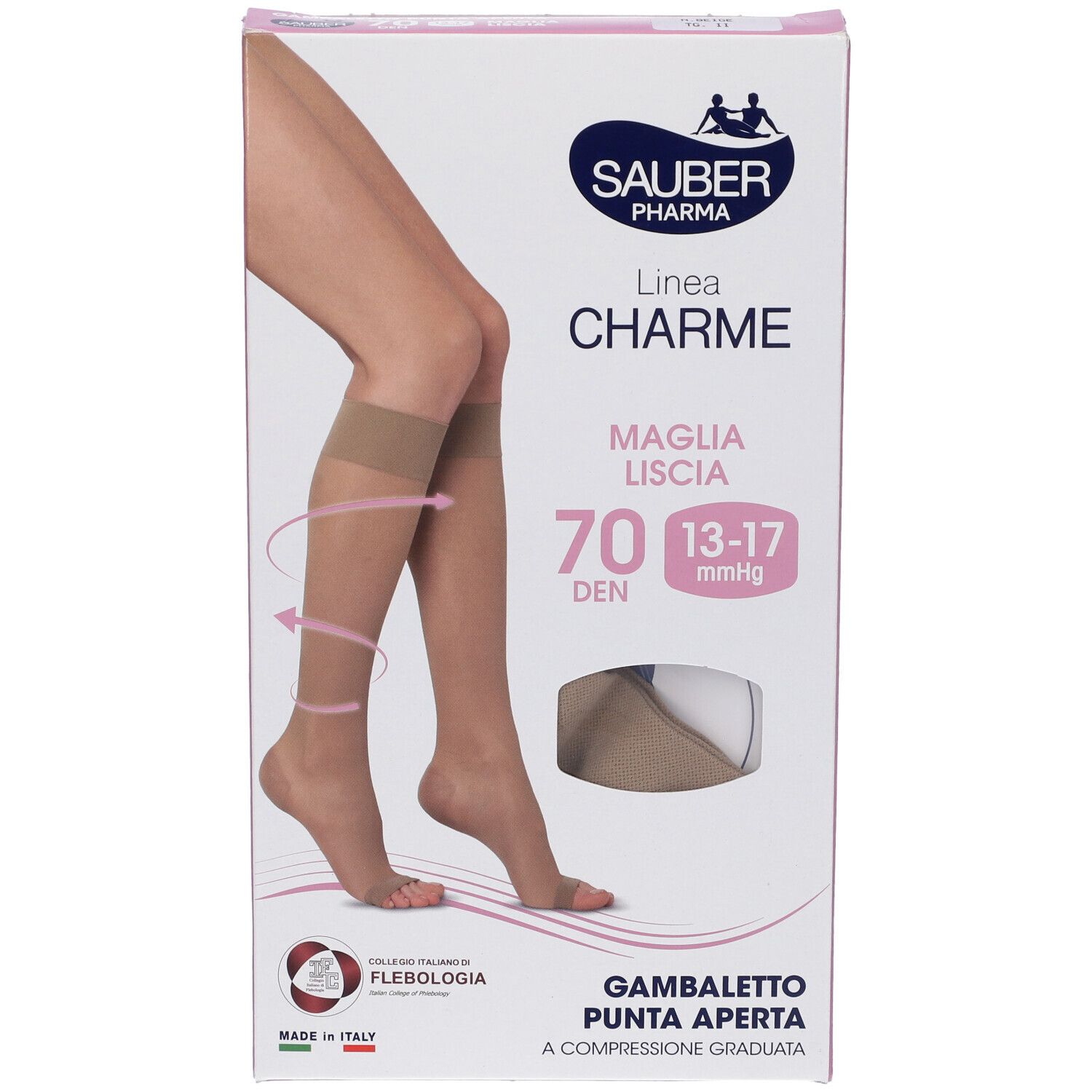 Confezione di calze SAUBER Pharma. Scritto: Linea Charme, 70 DEN, 13-17 mmHg. Immagine di calze a punta aperta.
