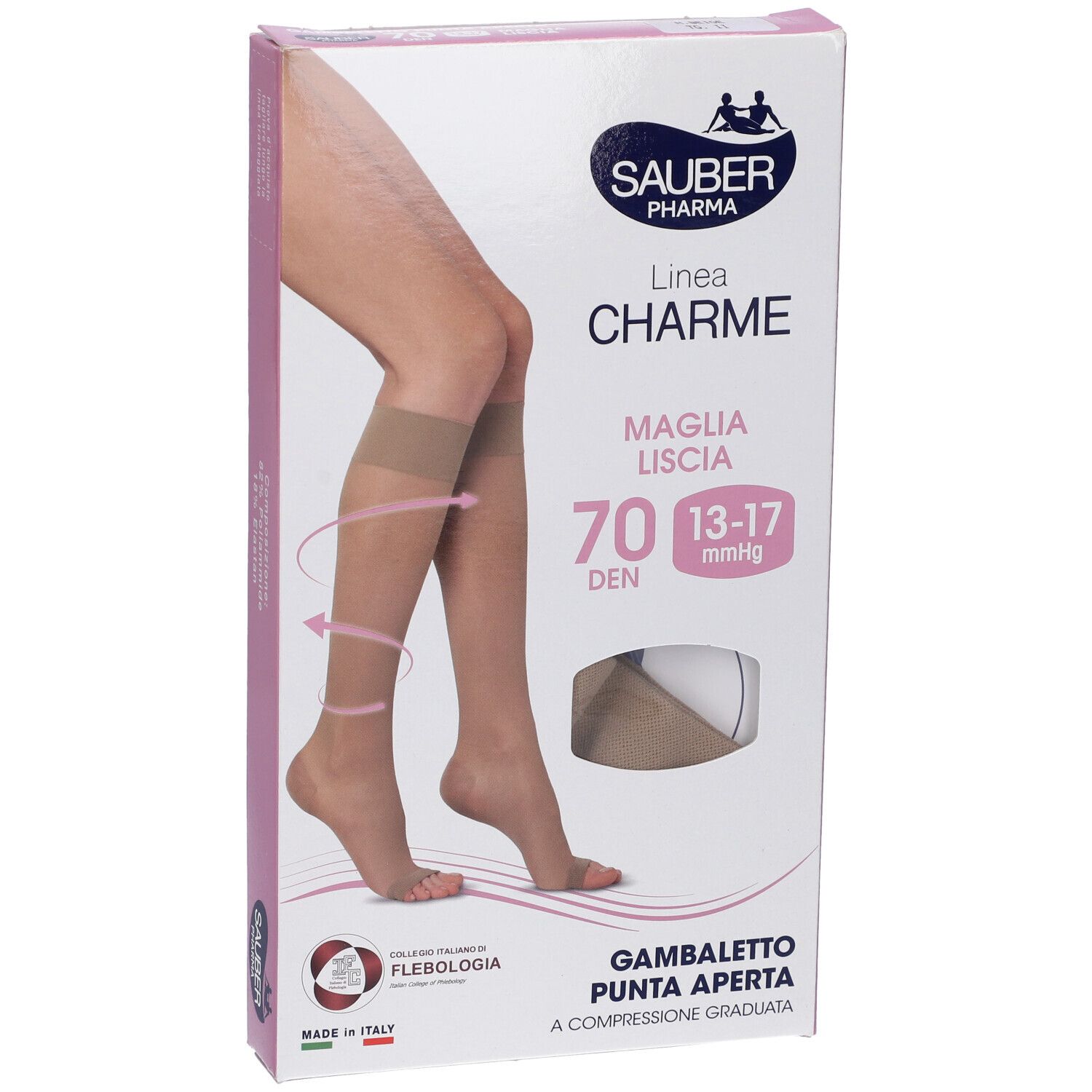 Confezione di calze SAUBER Pharma. Scritto: Linea Charme, 70 DEN, 13-17 mmHg. Immagine di calze a punta aperta.