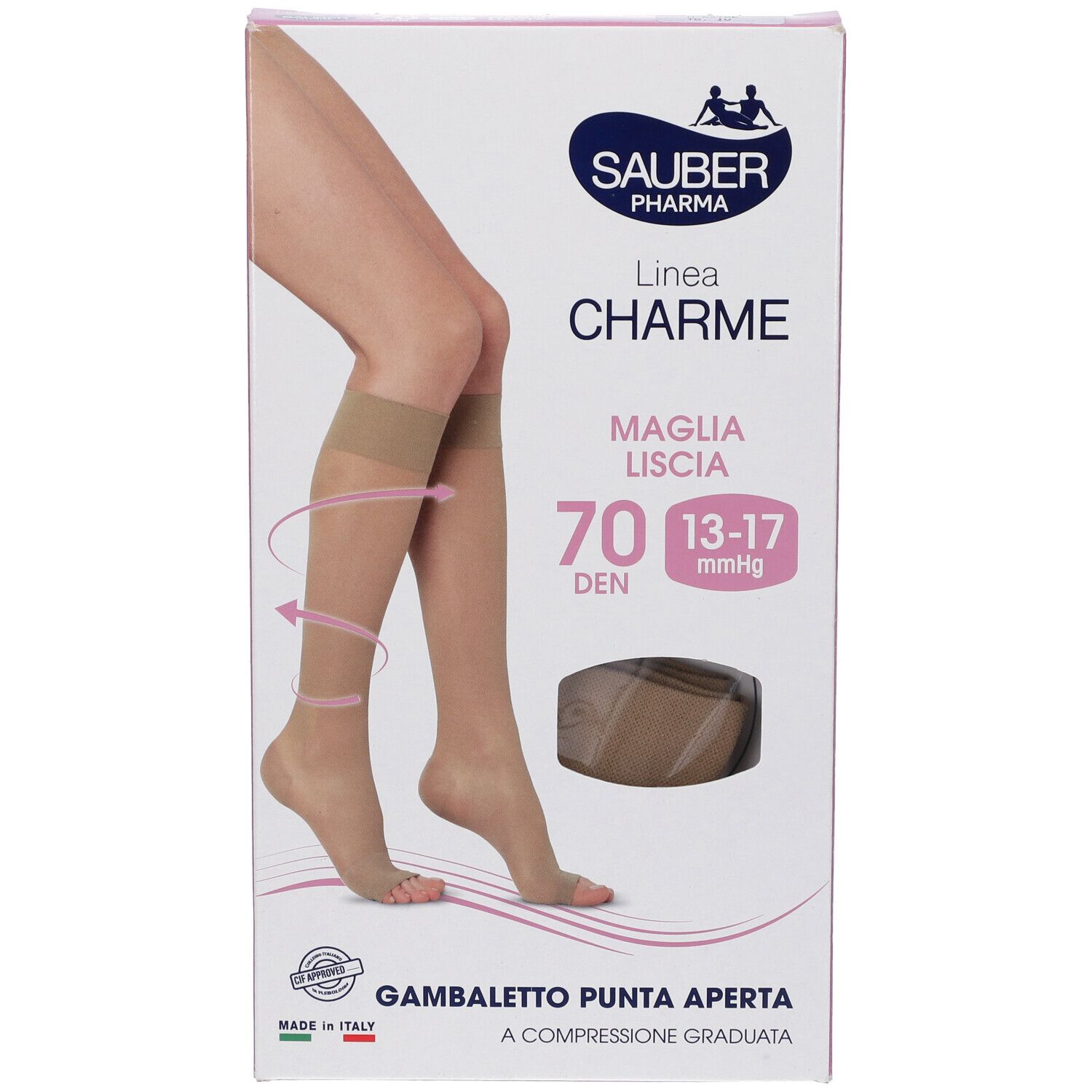 Confezione di Sauber Gambaletto Open Toe 70 Denari. Calze beige a punta aperta. Marchio Sauber Pharma, linea Charme.