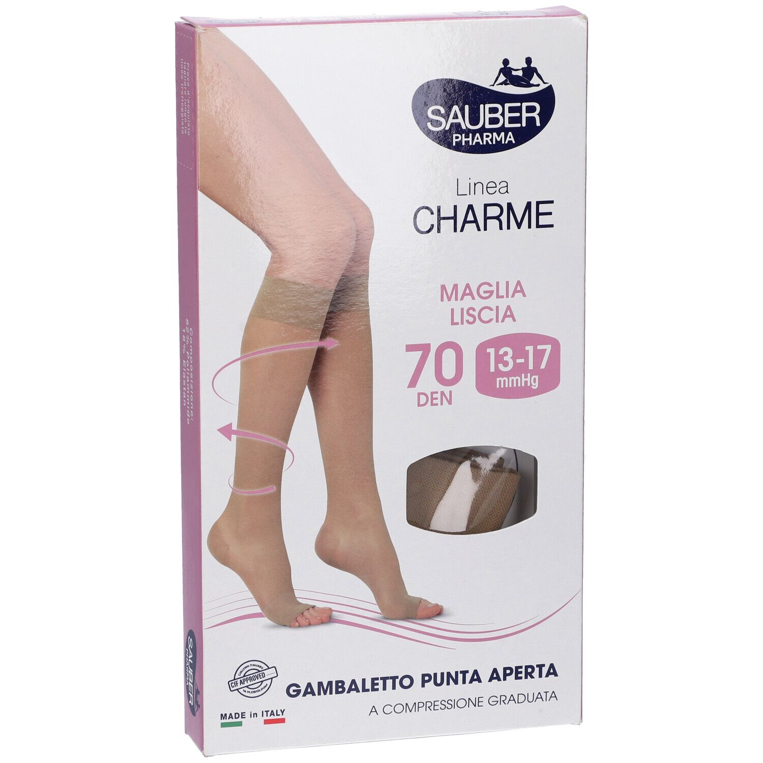 Confezione di Sauber Gambaletto Open Toe 70 Denari. Calze beige a punta aperta. Marchio Sauber Pharma, linea Charme.