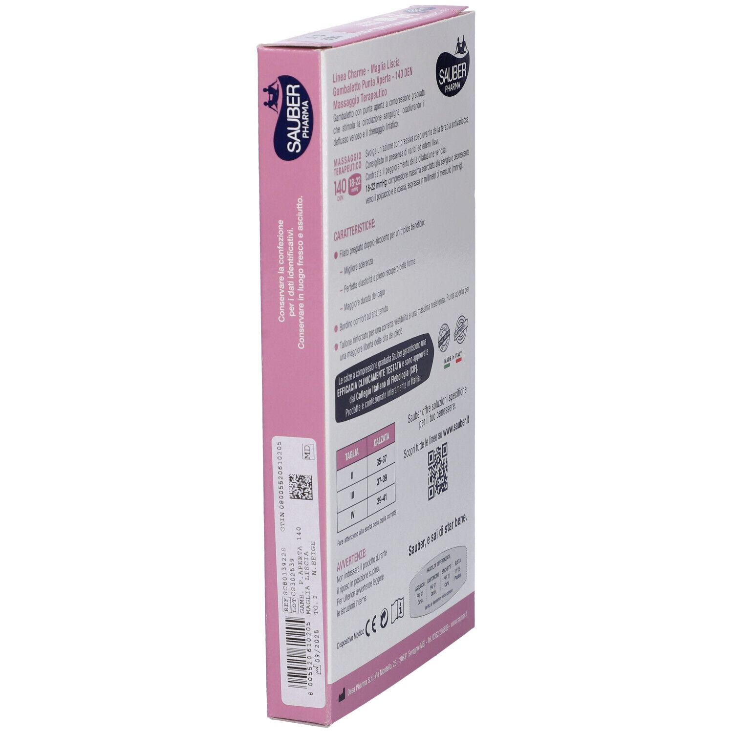 Retro della confezione. Informazioni sulle calze a compressione. Marca Sauber Pharma.