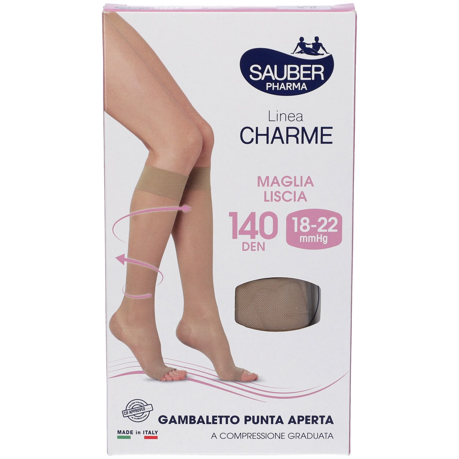 Confezione di calze a compressione Sauber Pharma, modello Gambaletto Open Toe, 140 den, colore beige.