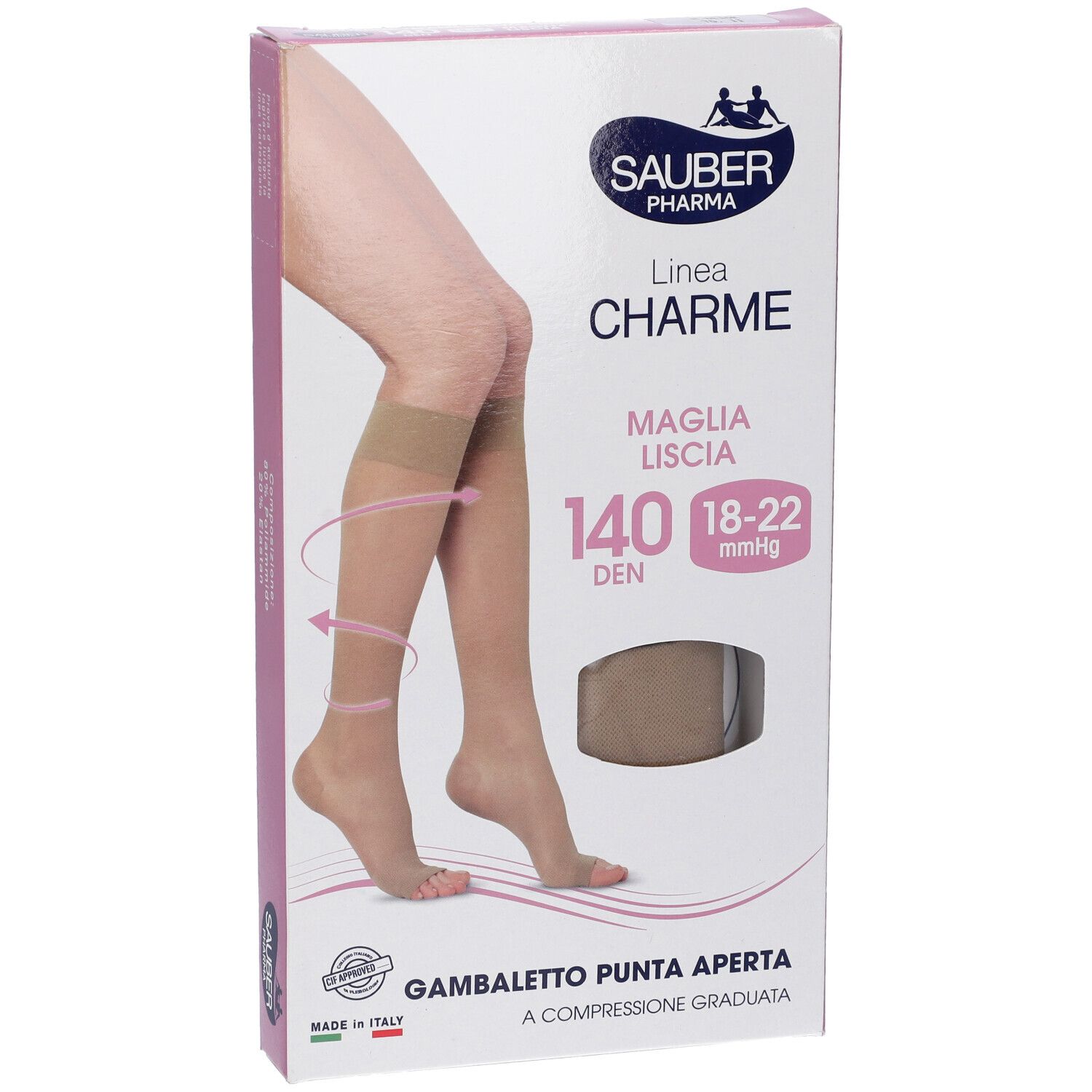 Confezione di calze a compressione Sauber Pharma, modello Gambaletto Open Toe, 140 den, colore beige.