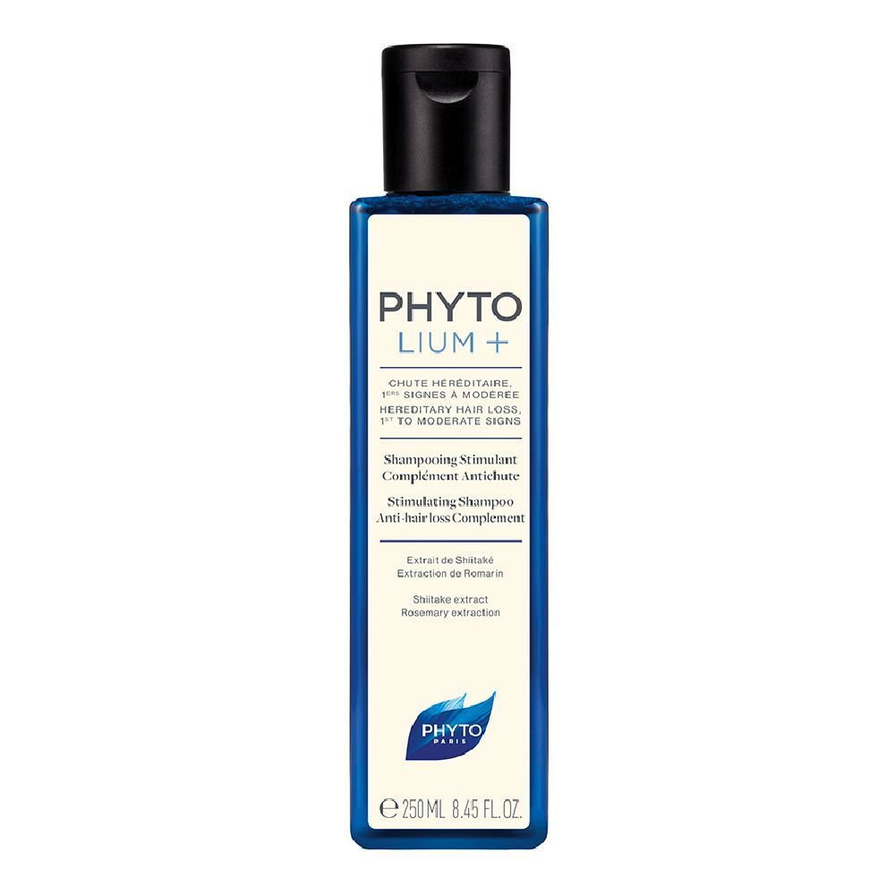 Flacone blu e bianco con tappo nero. Scritta: PHYTO LIUM+ Shampoo Stimolante Anti-caduta. 250 ml.