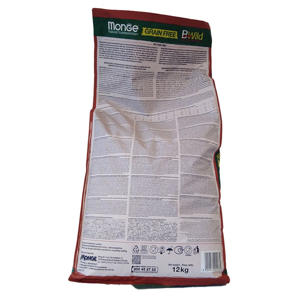Retro del sacchetto di cibo per cani. Marchio Monge, BWild, Grain Free. Contiene informazioni testuali e loghi. 12 kg.