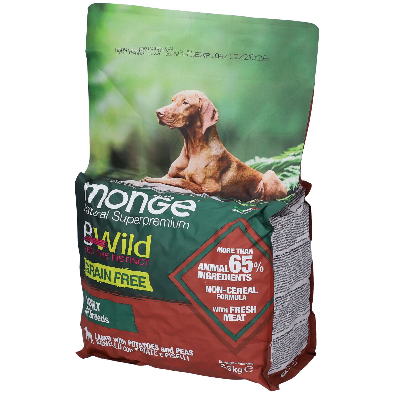 Monge Bwild Grain Free per Cani Adult con Agnello, Patate e Piselli 2,5 Kg