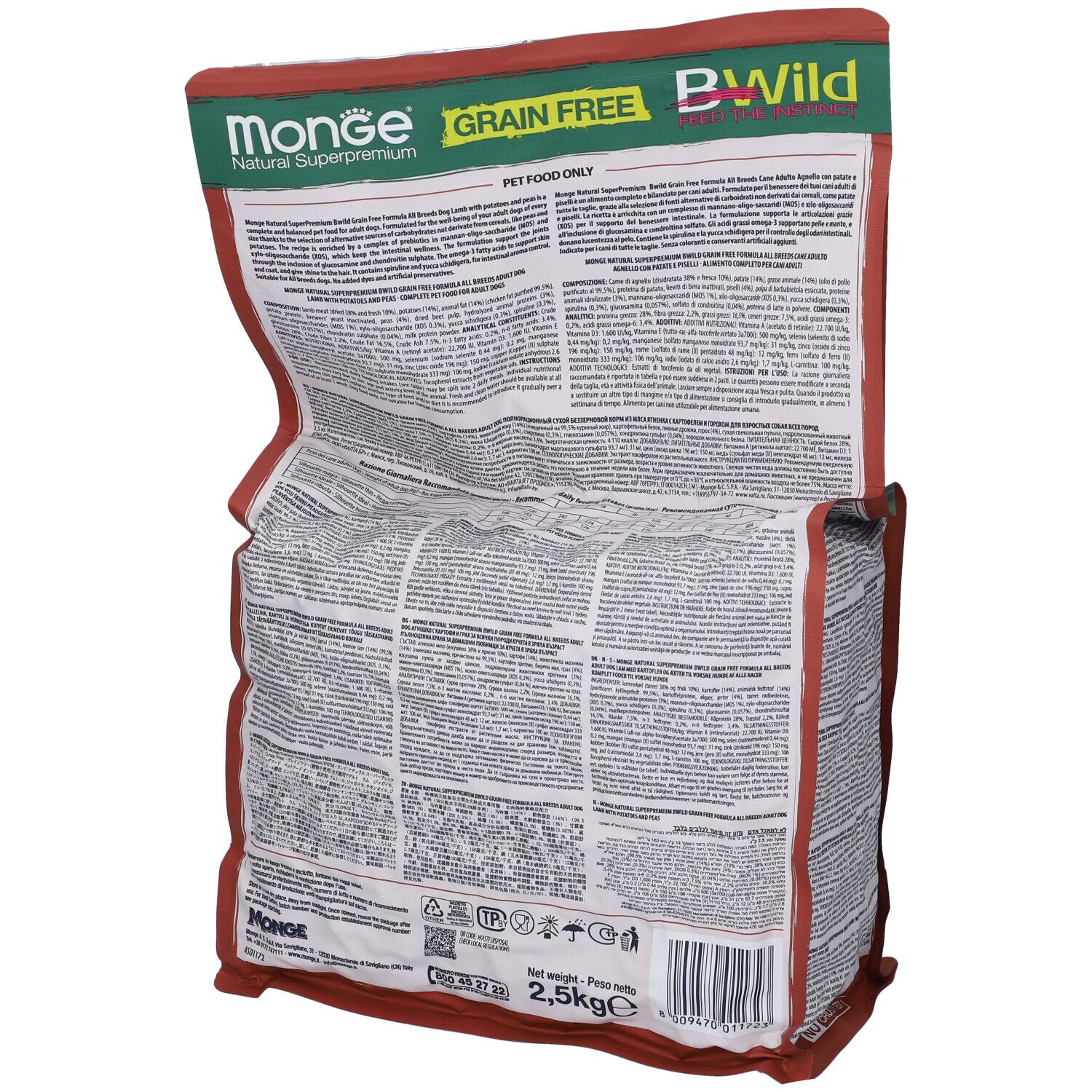 Retro del sacchetto di cibo per cani. Scritta: Monge Bwild, senza cereali. Contiene il 65% di ingredienti animali. Peso netto: 2,5 kg.
