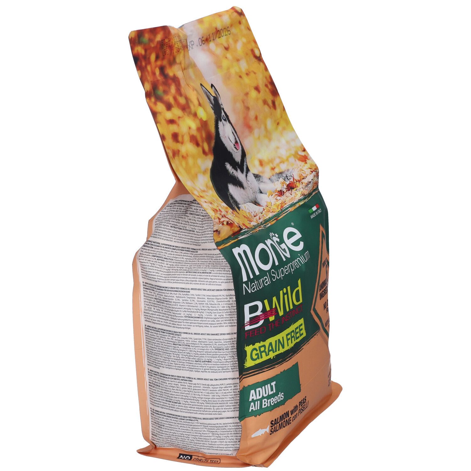 Sacchetto di cibo per cani, marchio Monge, BWild, senza cereali. Retro con testo. Contiene 2,5 kg. Immagine di un cane sulla confezione.