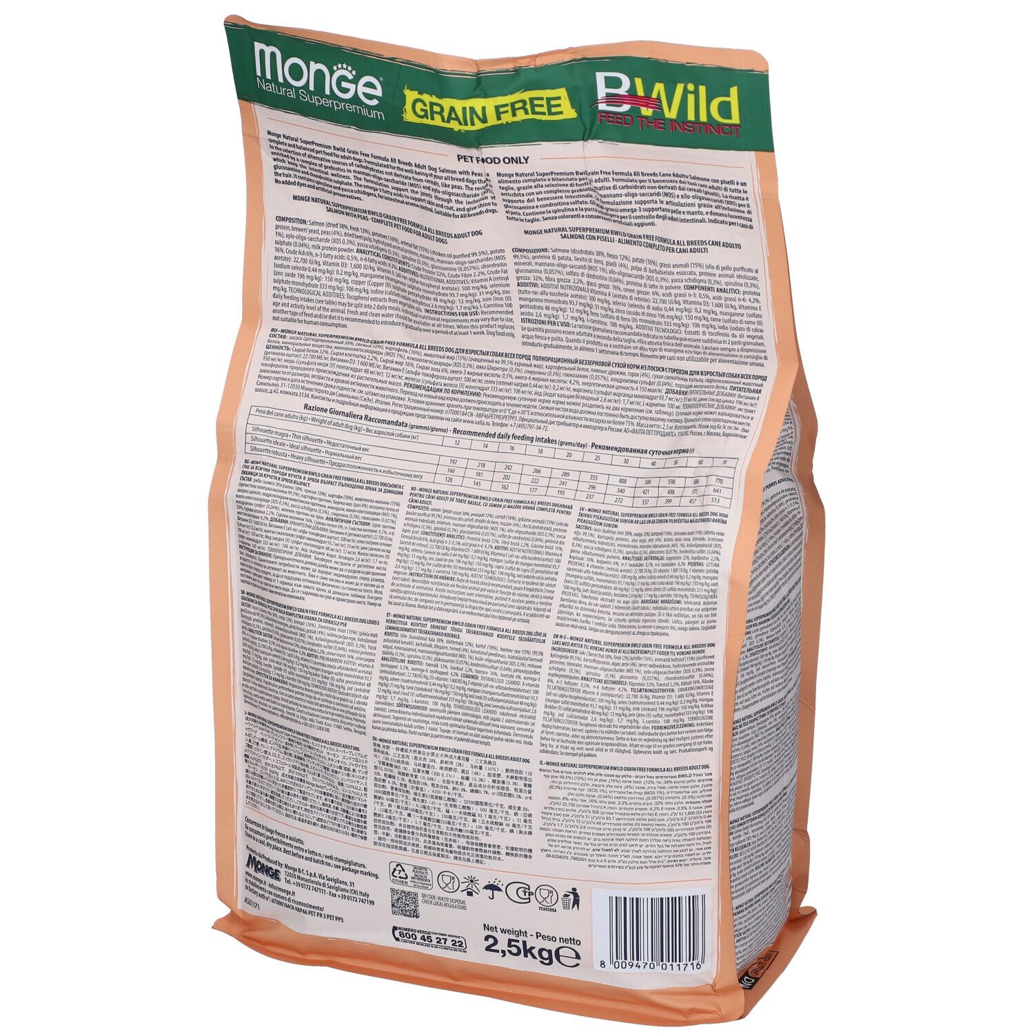 Retro del sacchetto di cibo per cani. Marchio Monge, BWild, senza cereali. Informazioni testuali, informazioni nutrizionali. 2,5 kg.