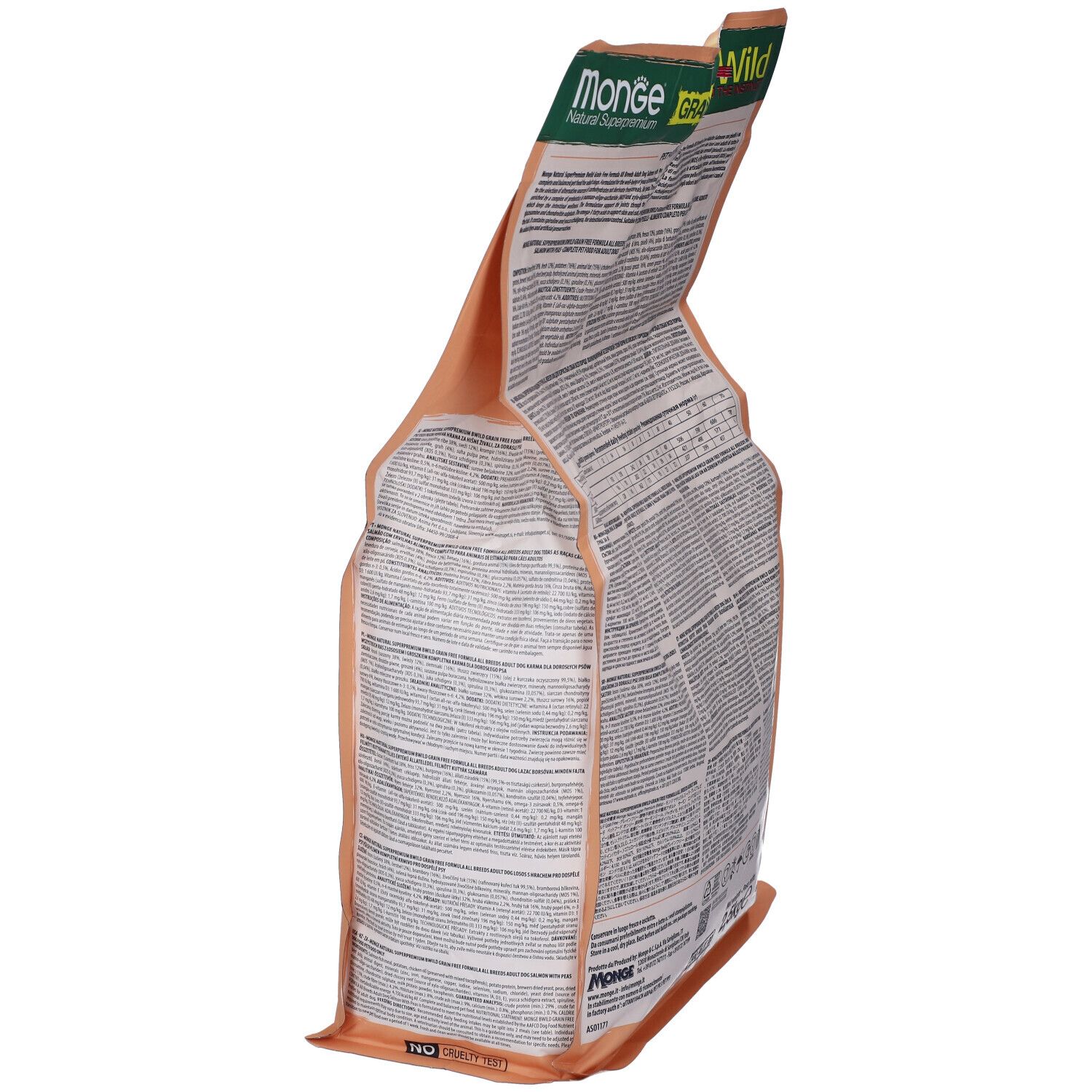Sacchetto di cibo per cani, marchio Monge, BWild, senza cereali. Retro con testo. Contiene 2,5 kg.