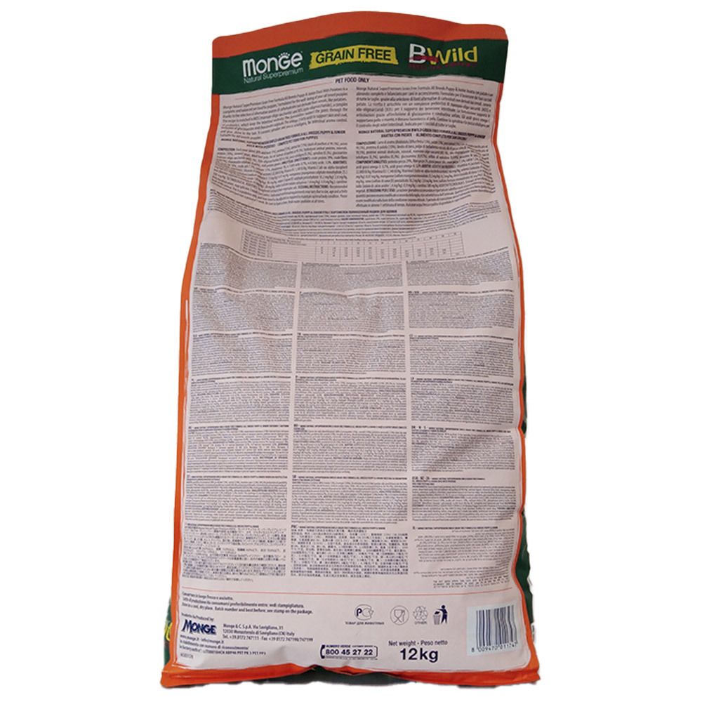 Retro confezione Monge BWild Puppy & Junior. Contiene informazioni prodotto, ingredienti e valori nutrizionali.