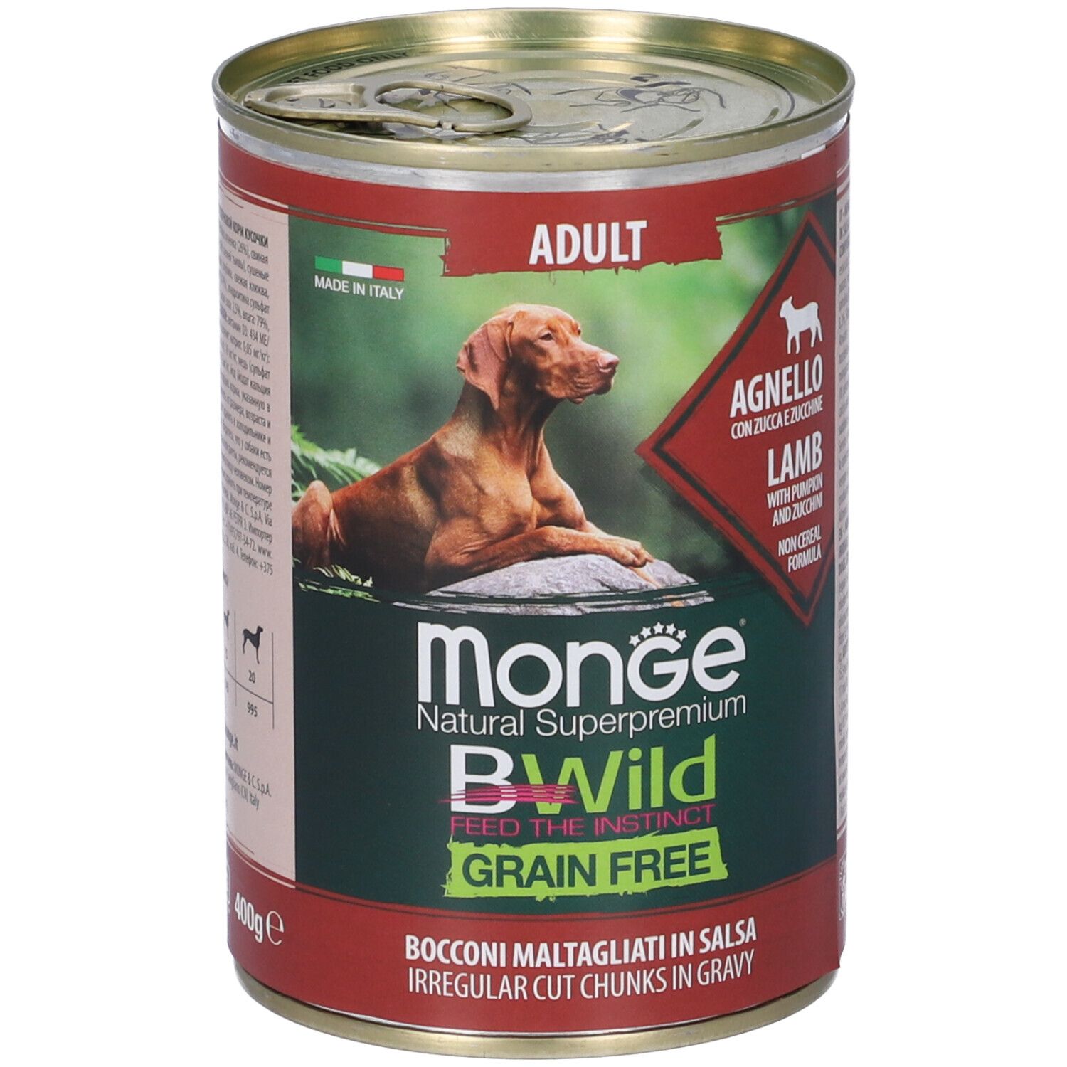 Lattina di cibo per cani con etichetta. Contiene agnello con zucca e zucchine. Marca Monge BWild, senza cereali.