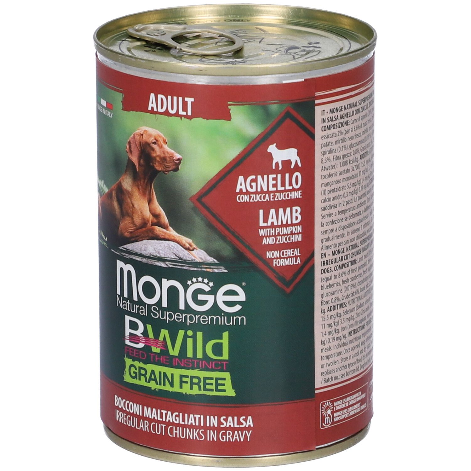 Lattina di cibo per cani con etichetta. Contiene agnello con zucca e zucchine. Marca Monge BWild, senza cereali.