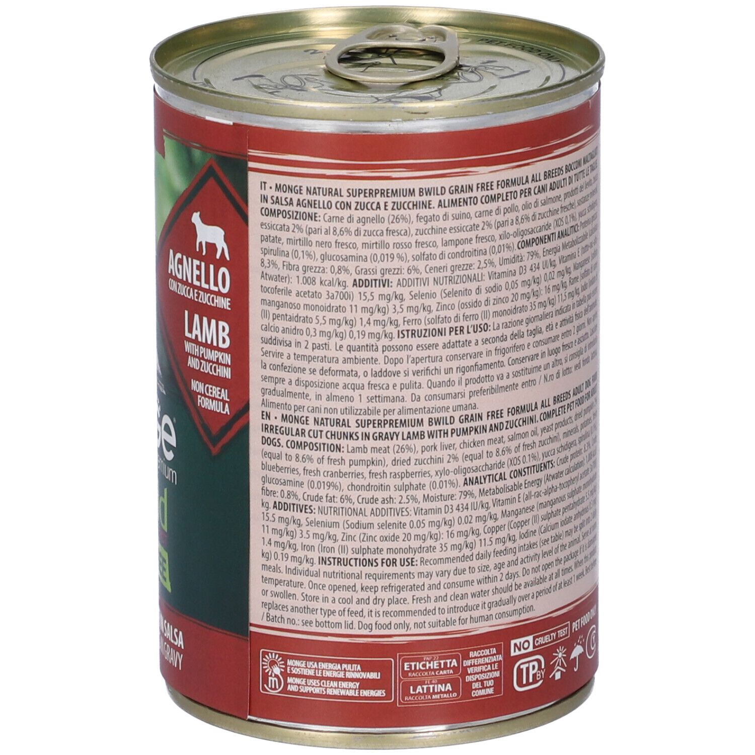 Lattina di cibo per cani, retro con testo. Contiene informazioni sugli ingredienti e raccomandazioni per l'alimentazione. Marca Monge.