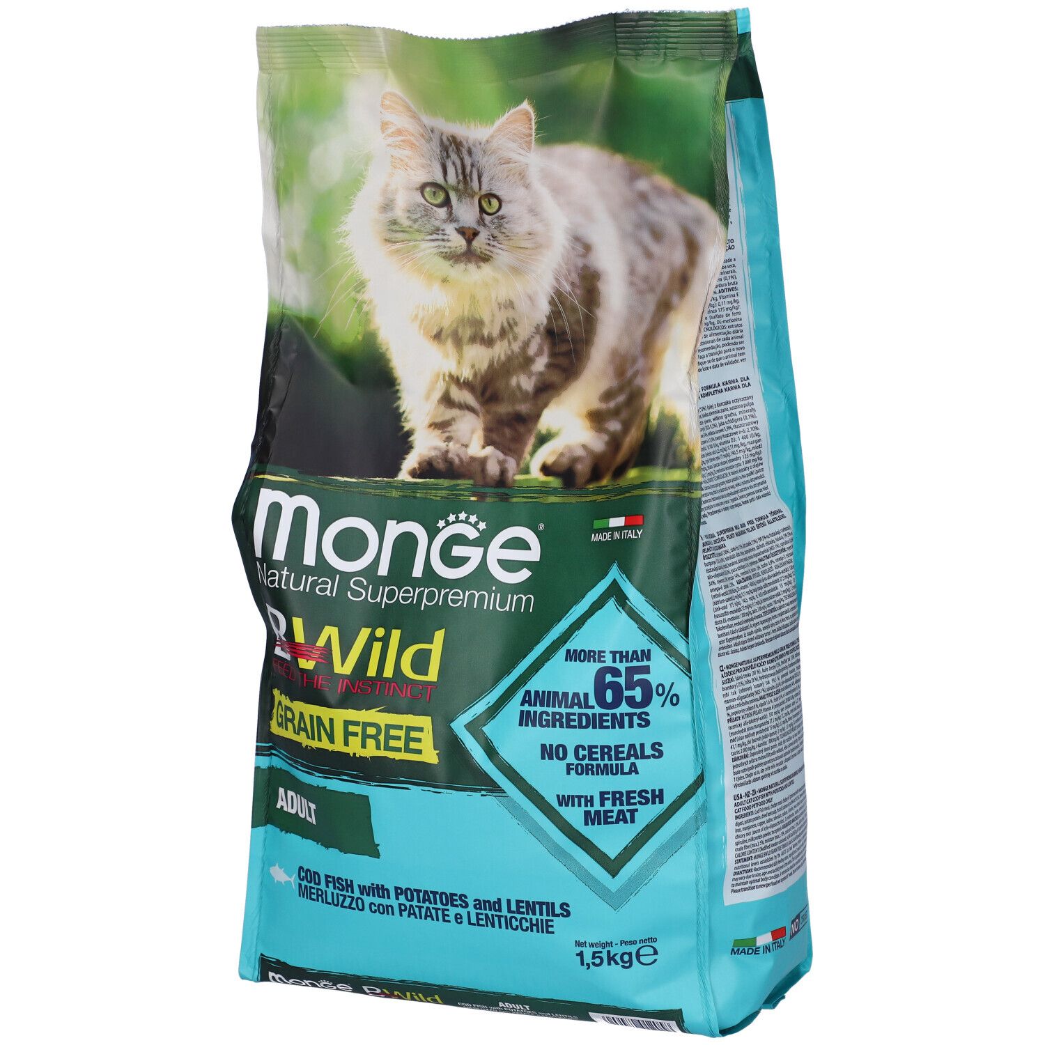Monge Bwild Grain Free per Gatti Adult con Merluzzo,Patate e Lenticchie 1,5 Kg