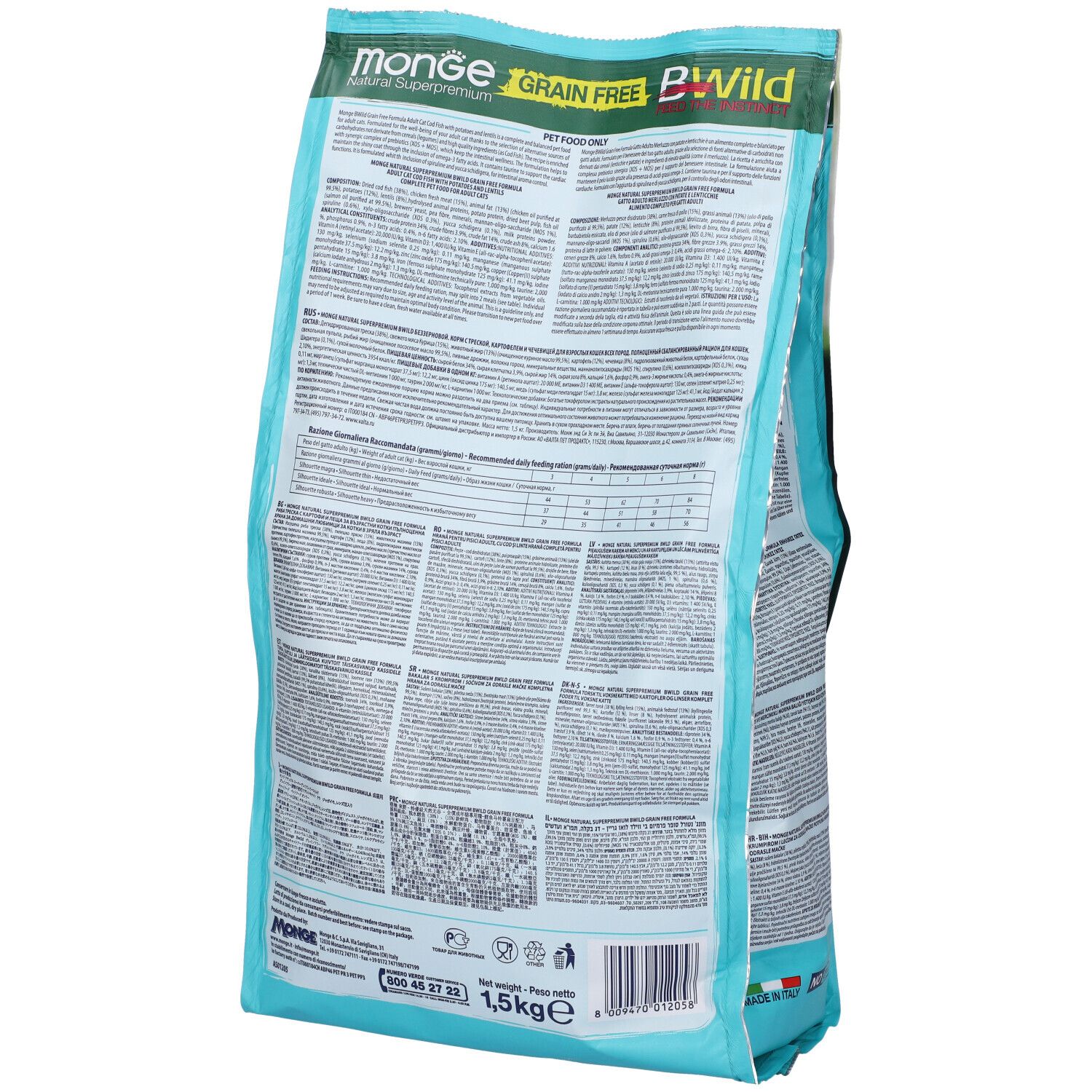 Retro del sacchetto di cibo per gatti Monge Bwild. Testo, logo, 1,5 kg. Contiene informazioni sugli ingredienti e raccomandazioni per l'alimentazione.