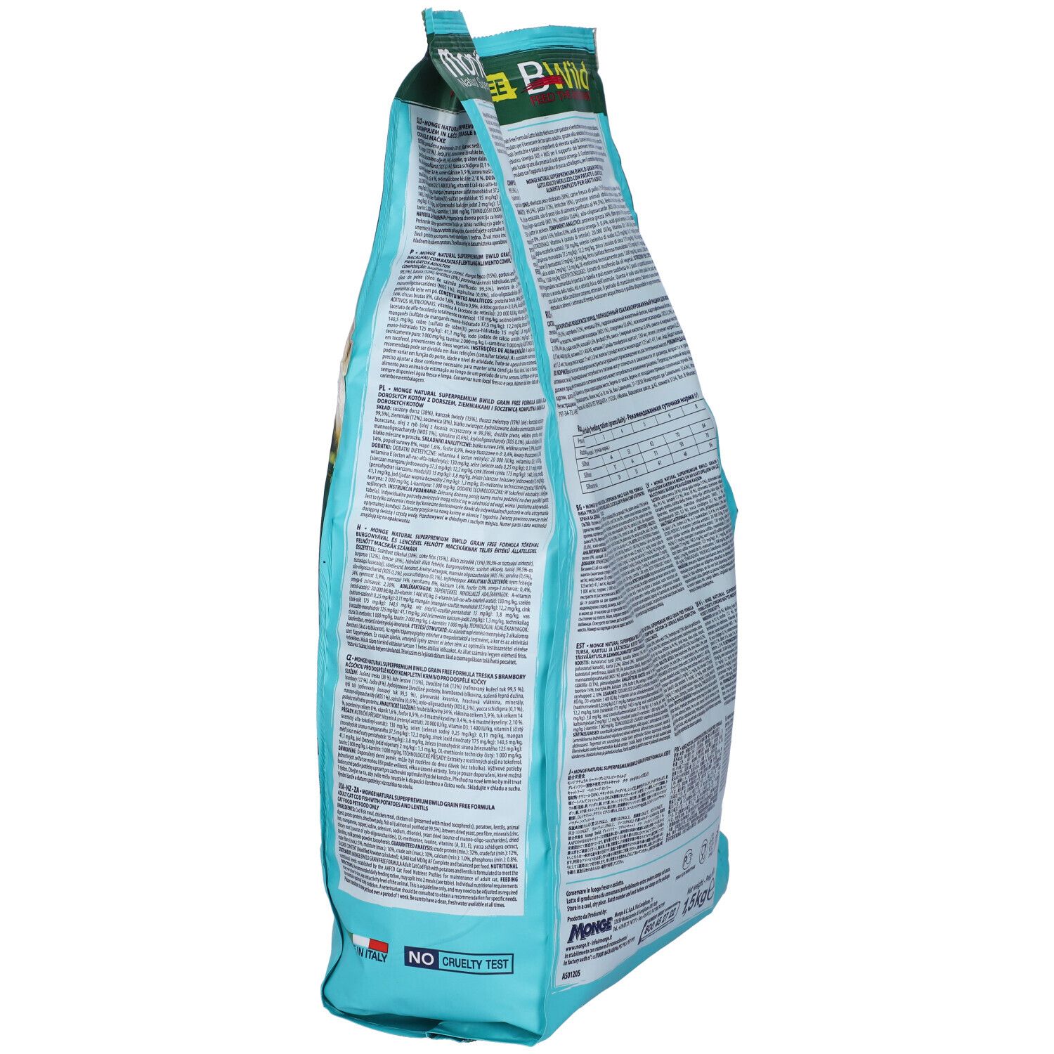 Vista laterale del sacchetto di cibo per gatti Monge Bwild. Testo, logo, 1,5 kg. Contiene informazioni sugli ingredienti e raccomandazioni per l'alimentazione.