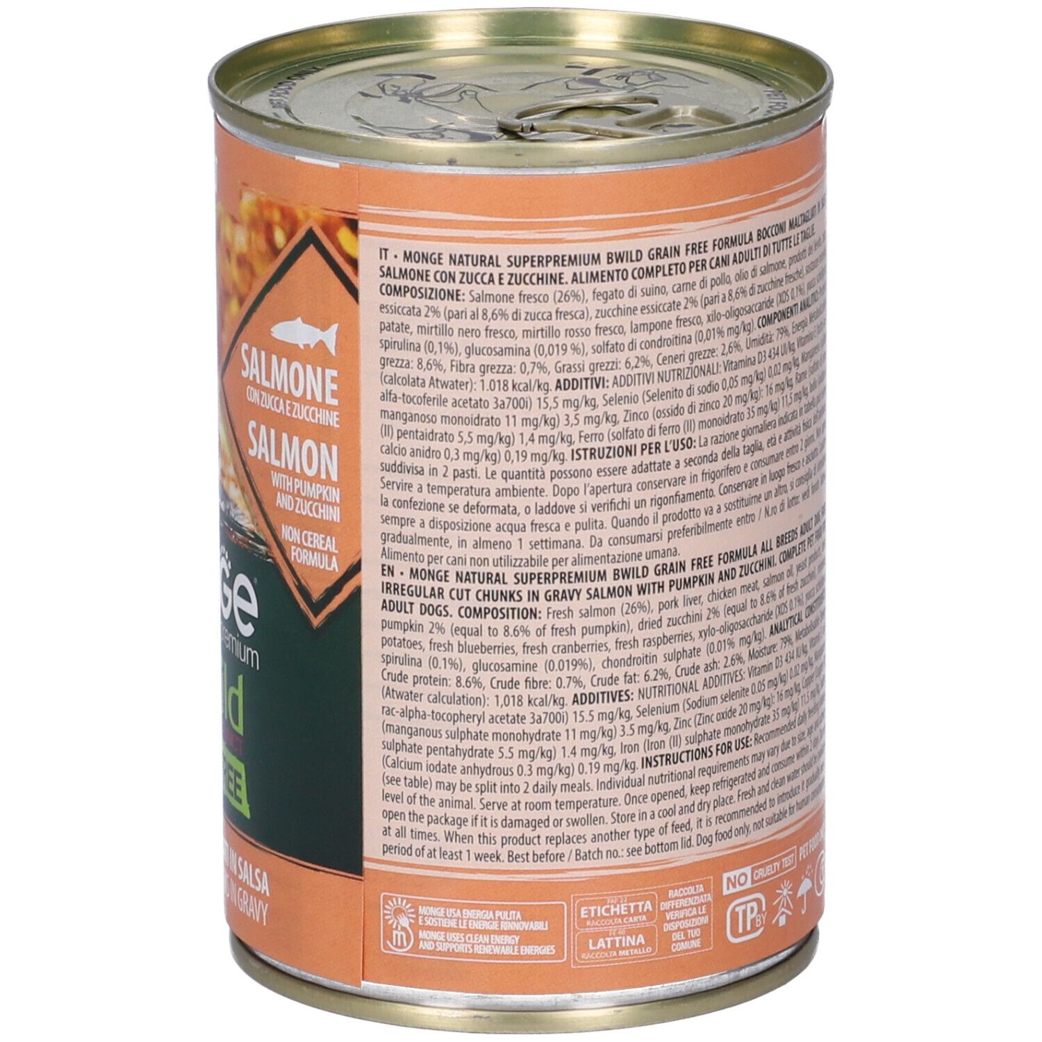 Lattina di cibo per cani, retro. Testo: ingredienti, raccomandazioni per l'alimentazione, informazioni del produttore. Illustrazione di salmone.