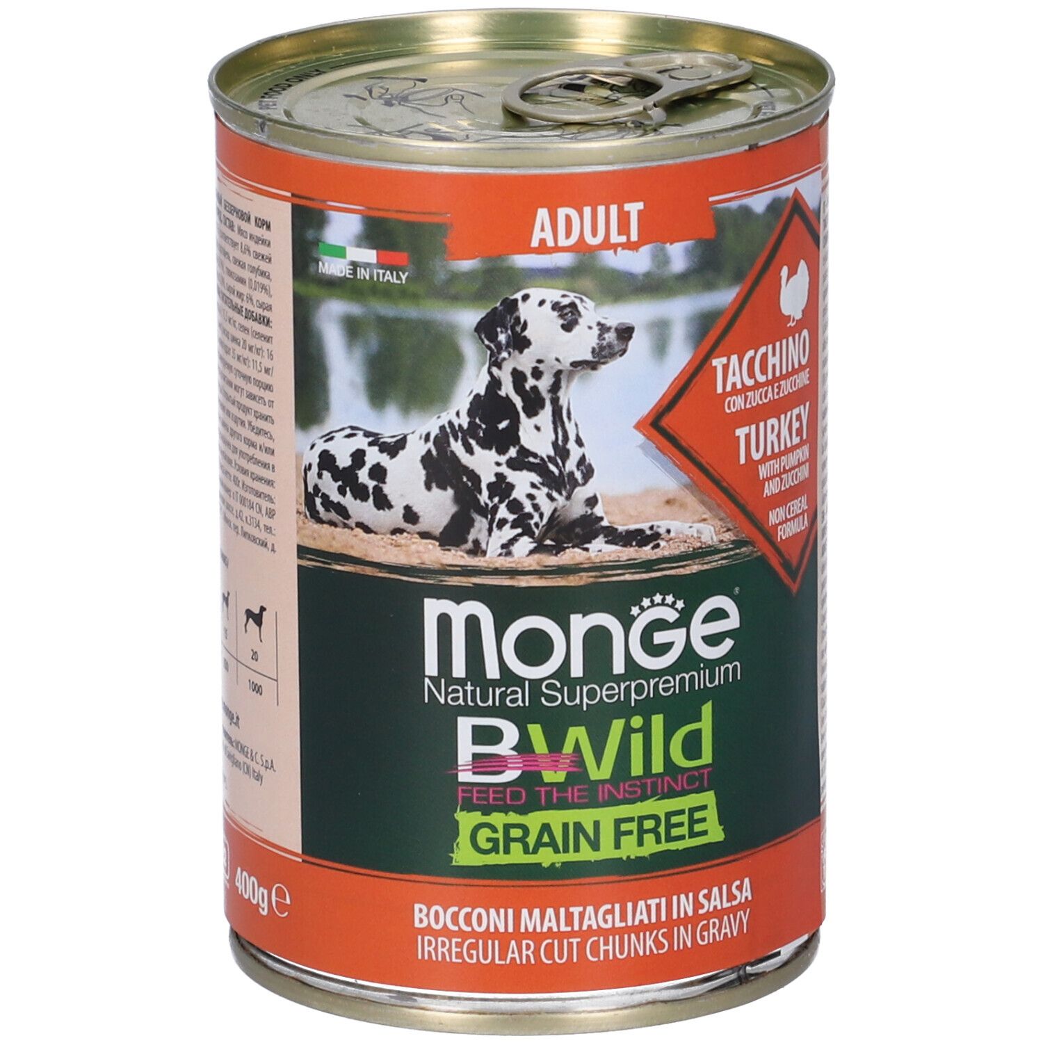 Lattina di cibo per cani con immagine di dalmata. Scritta: Monge BWild Grain Free Adult Tacchino con Zucca e Zucchine.