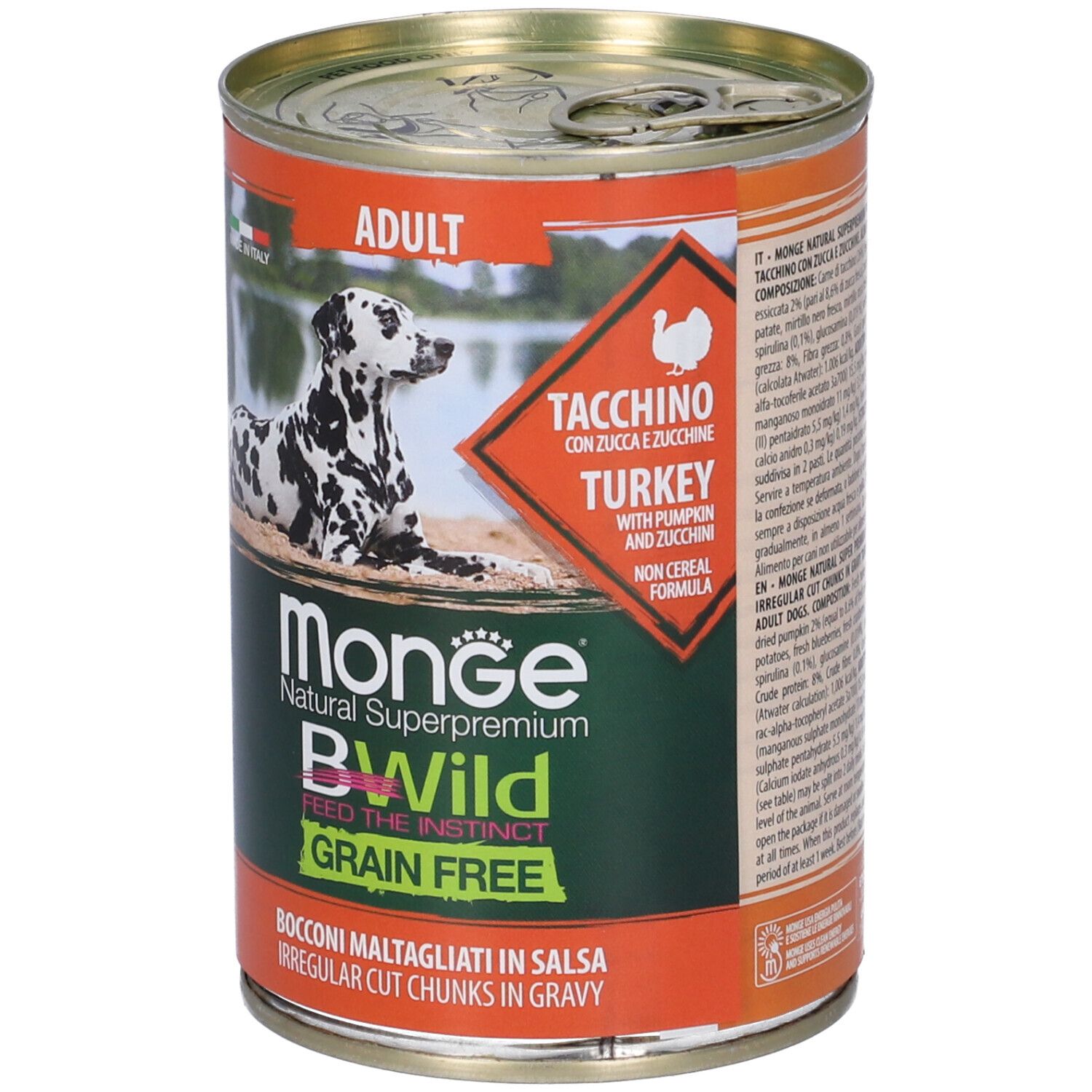 Lattina di cibo per cani con immagine di dalmata. Scritta: Monge BWild Grain Free Adult Tacchino con Zucca e Zucchine.