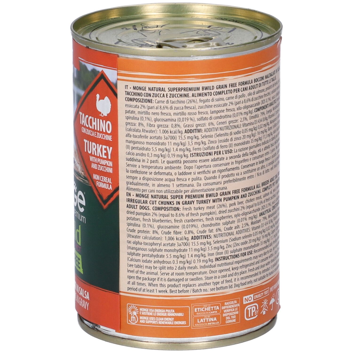 Lattina di cibo per cani con testo. Retro con ingredienti, raccomandazioni per l'alimentazione e informazioni del produttore.