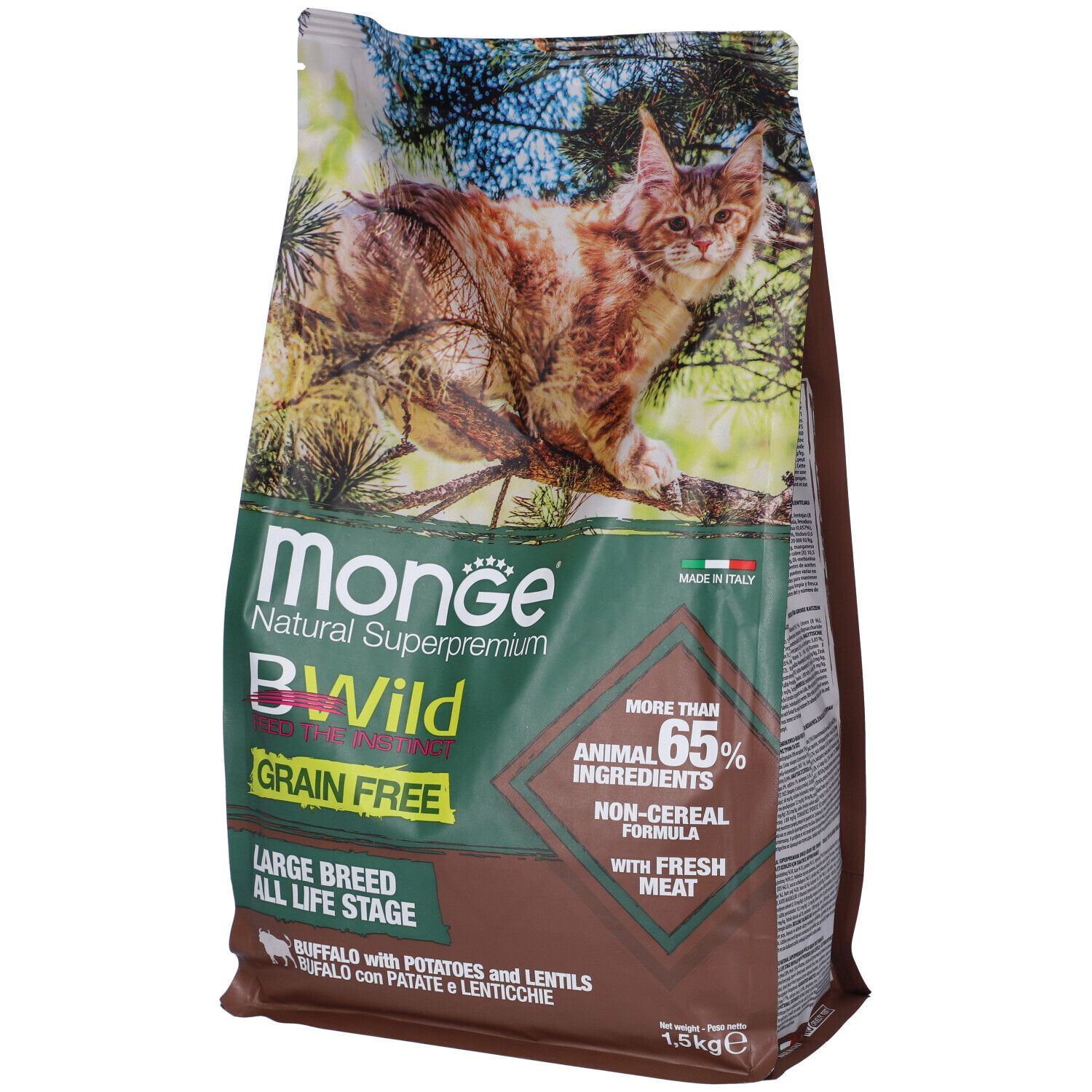 Monge Bwild Grain Free per Gatti Large Breed con Bufalo, Patate e Lenticchie 1,5 Kg