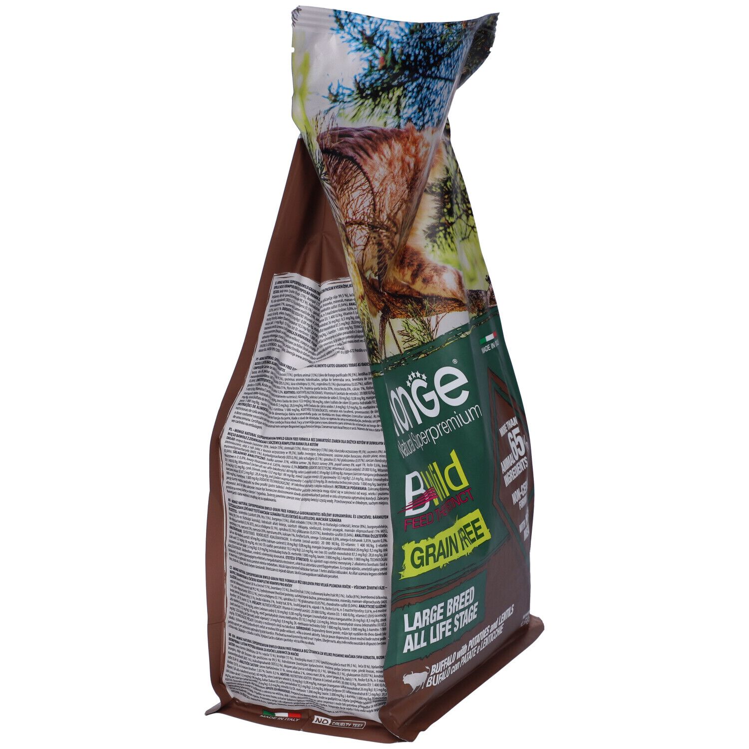 Vista laterale del sacco di cibo per gatti Monge BWild. Testo: Grain Free, Large Breed. Confezione marrone e verde.