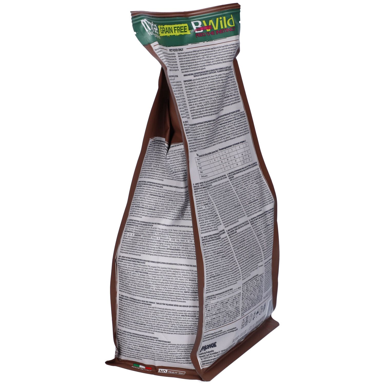 Vista obliqua del sacco di cibo per gatti Monge BWild. Testo: Grain Free, Large Breed. Confezione marrone e verde.