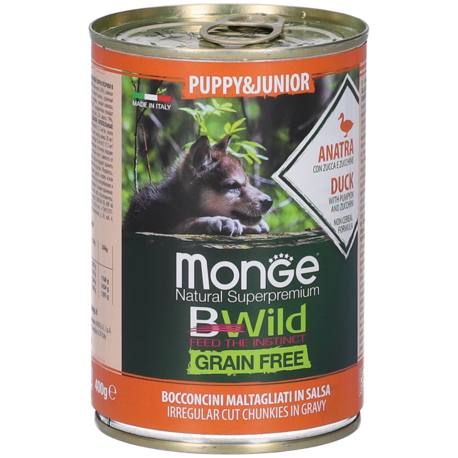 Lattina di cibo per cani con immagine di cucciolo. Scritta: Monge BWild Grain Free, Anatra con Zucca e Zucchine. Contiene anatra, zucca e zucchine.